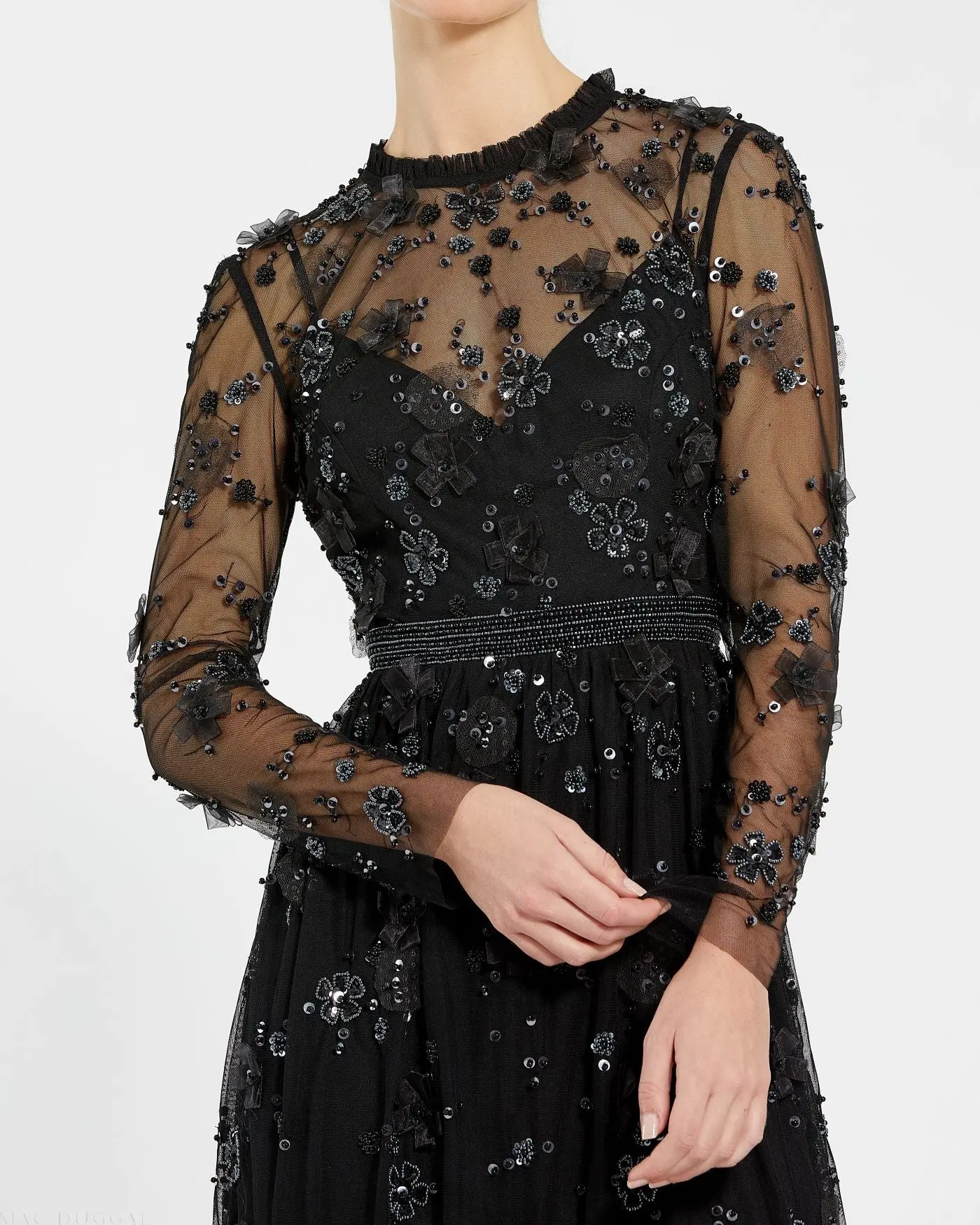 Black Sheer Long Sleeve Embellished Mini Dress - Image 2