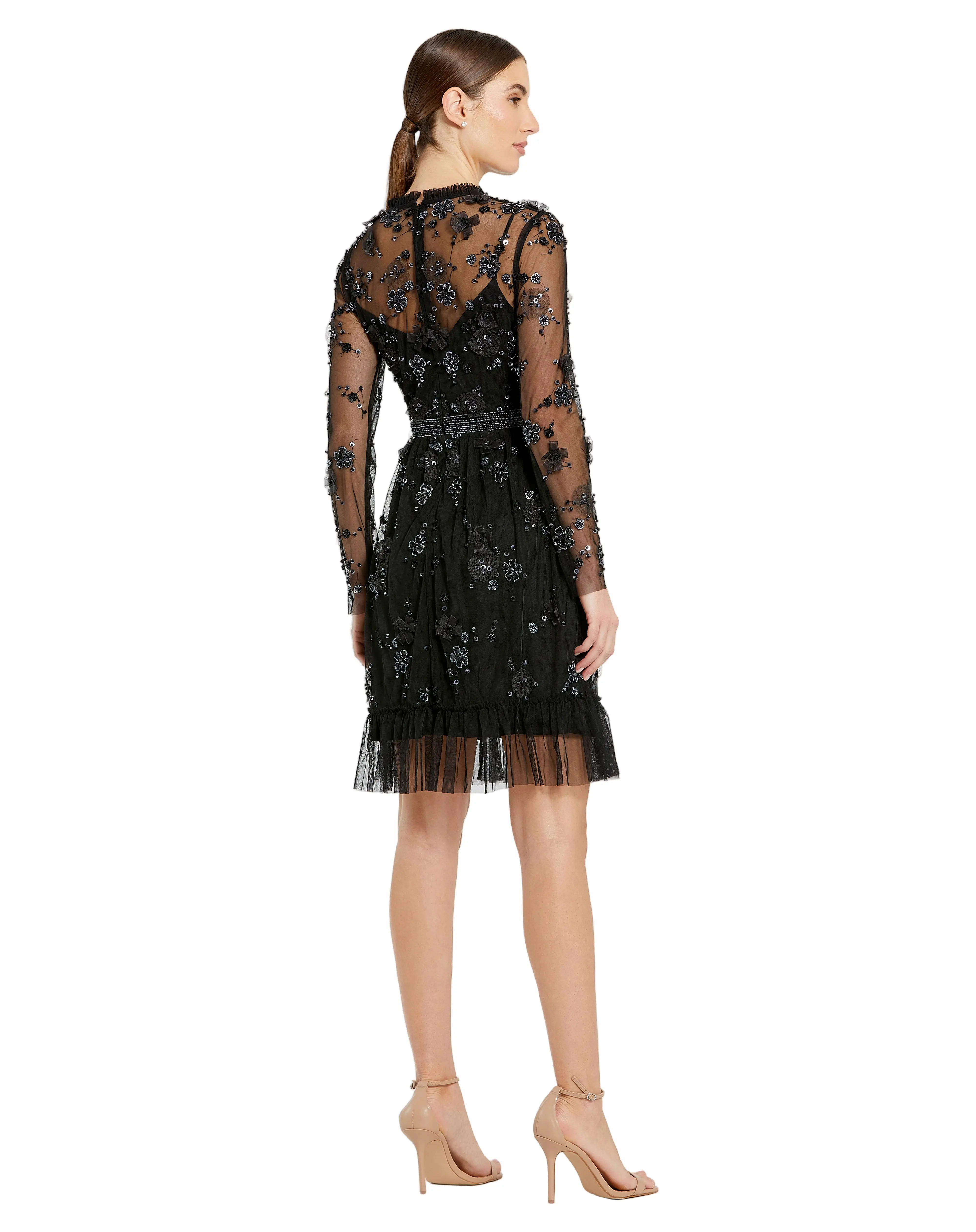 Black Sheer Long Sleeve Embellished Mini Dress - Image 3