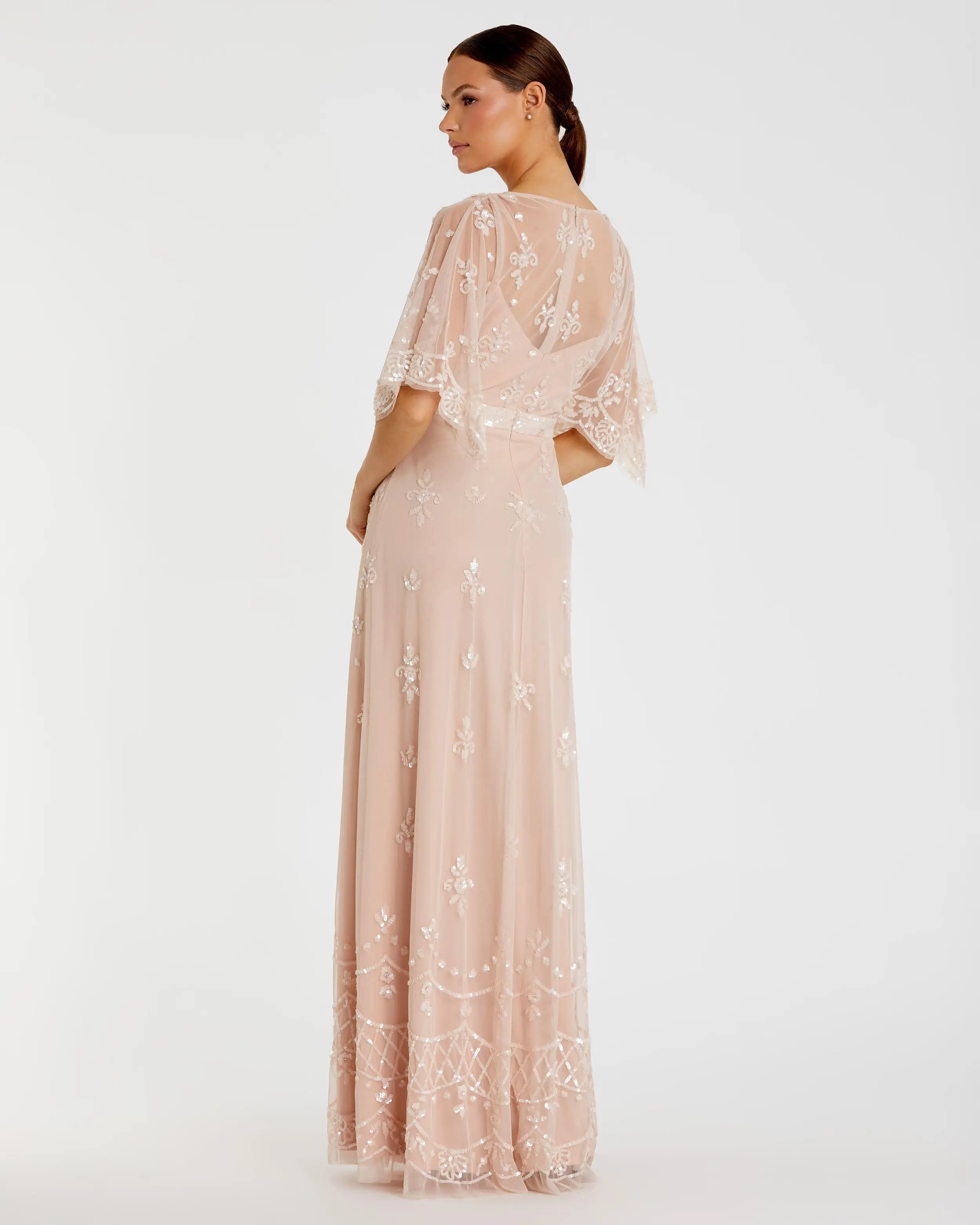 Pink V Neck Flounce Sleeve Embellished Mesh Gown - Image 3