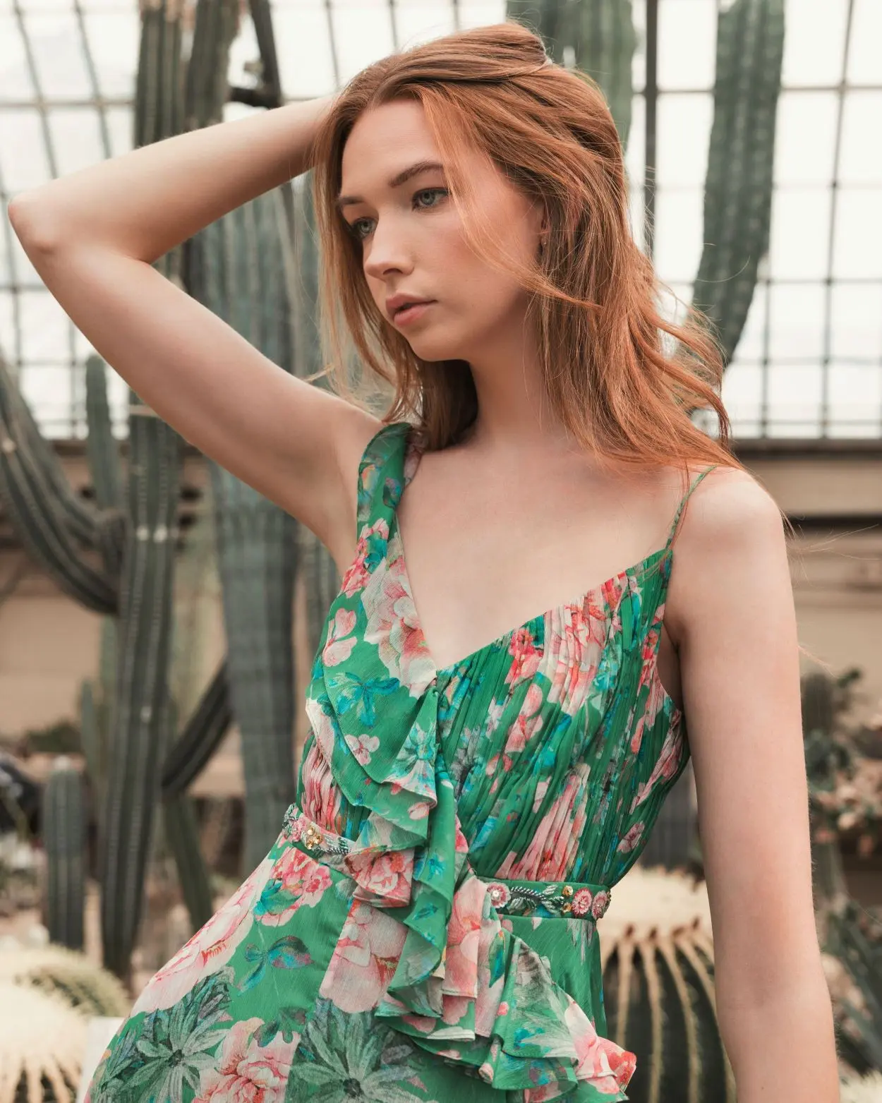 Green Floral Print Ruffled Wrap Over A Line Gown - FINAL SALE - Image 5