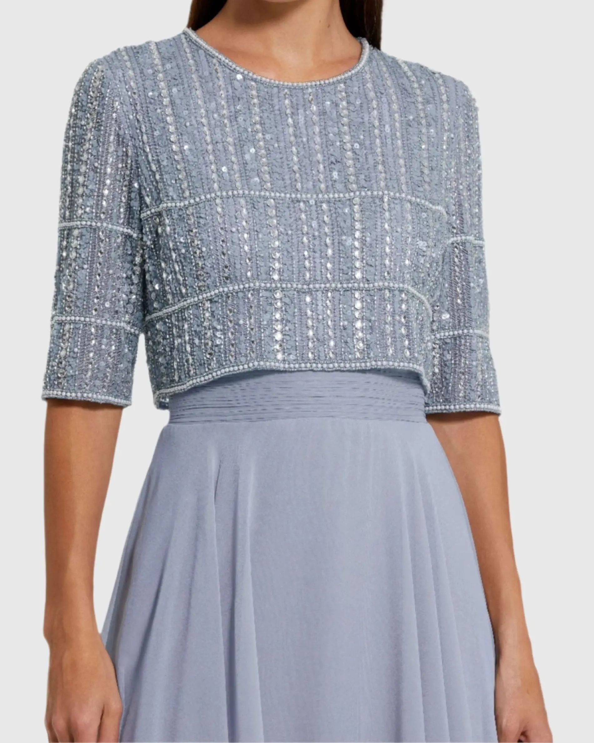 Blue Chiffon Gown w/ Fully Beaded 3/4 Sleeve Top - Image 2