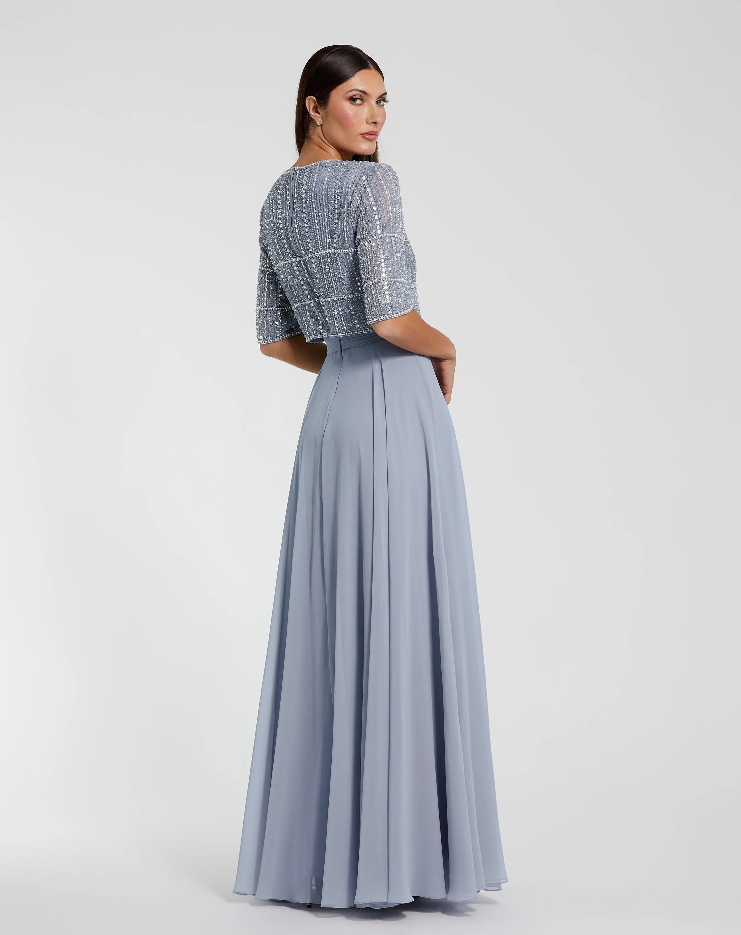 Blue Chiffon Gown w/ Fully Beaded 3/4 Sleeve Top - Image 3
