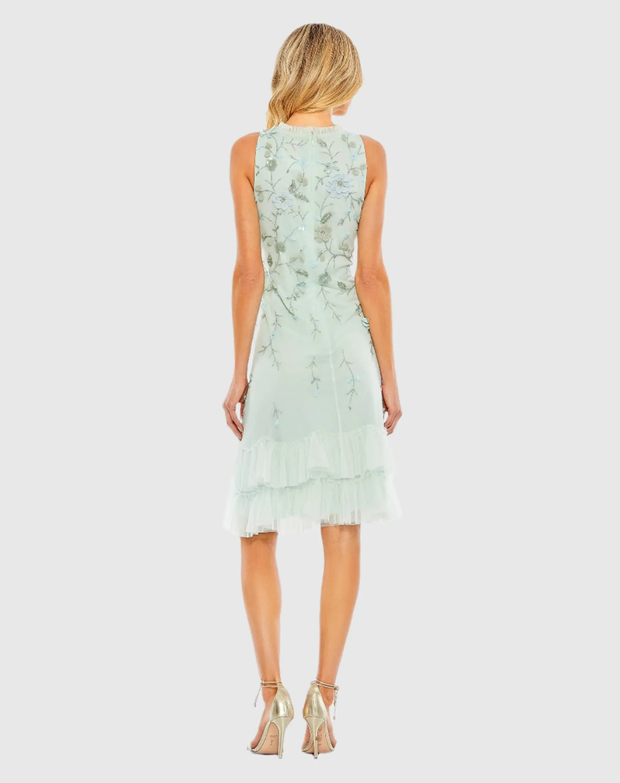 Green Embellished Ruffle Tiered High Neck Floral Dress - Image 3