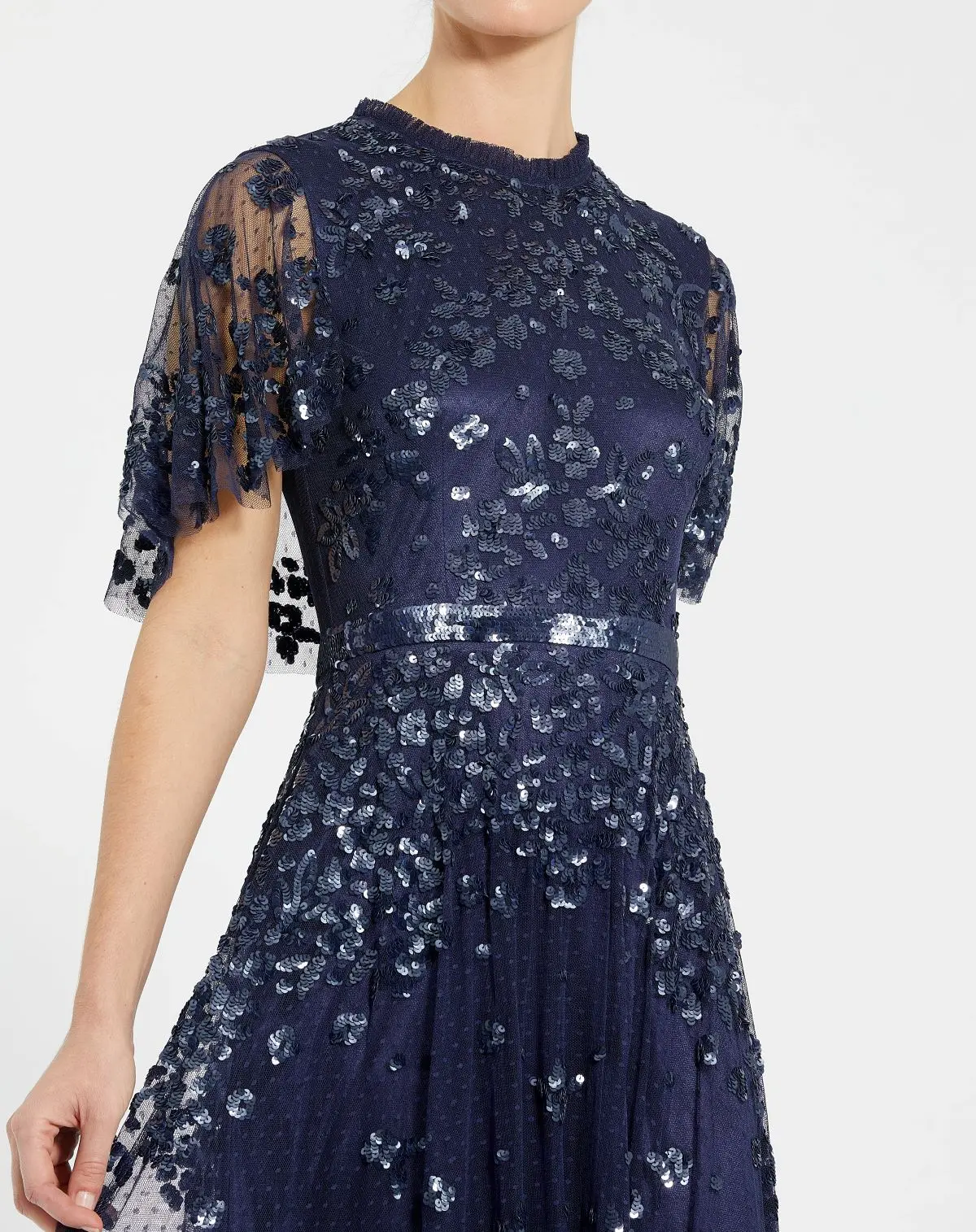 Navy Sequined High Neck Flutter Sleeve A Line Gown - Image 2