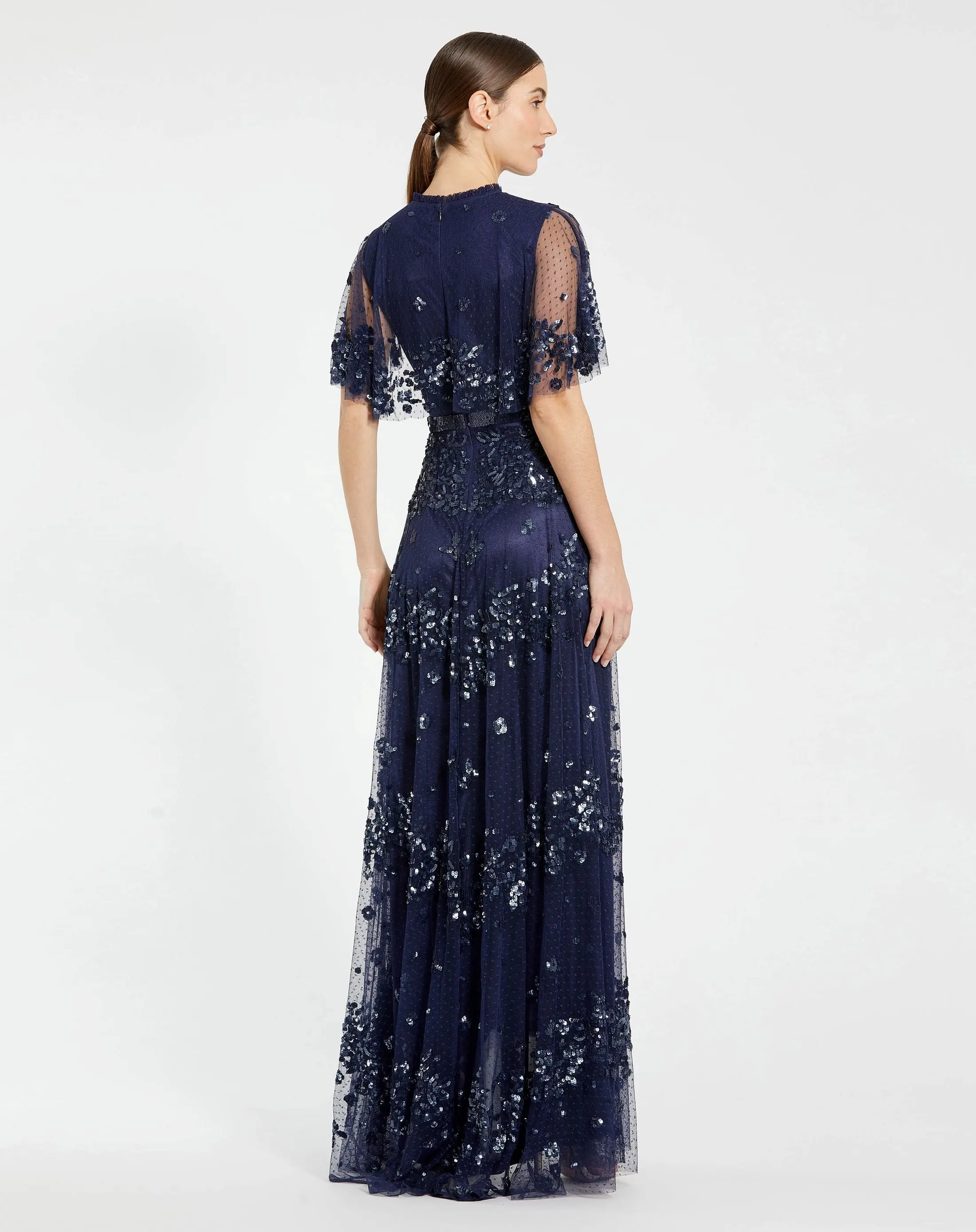 Navy Sequined High Neck Flutter Sleeve A Line Gown - Image 3