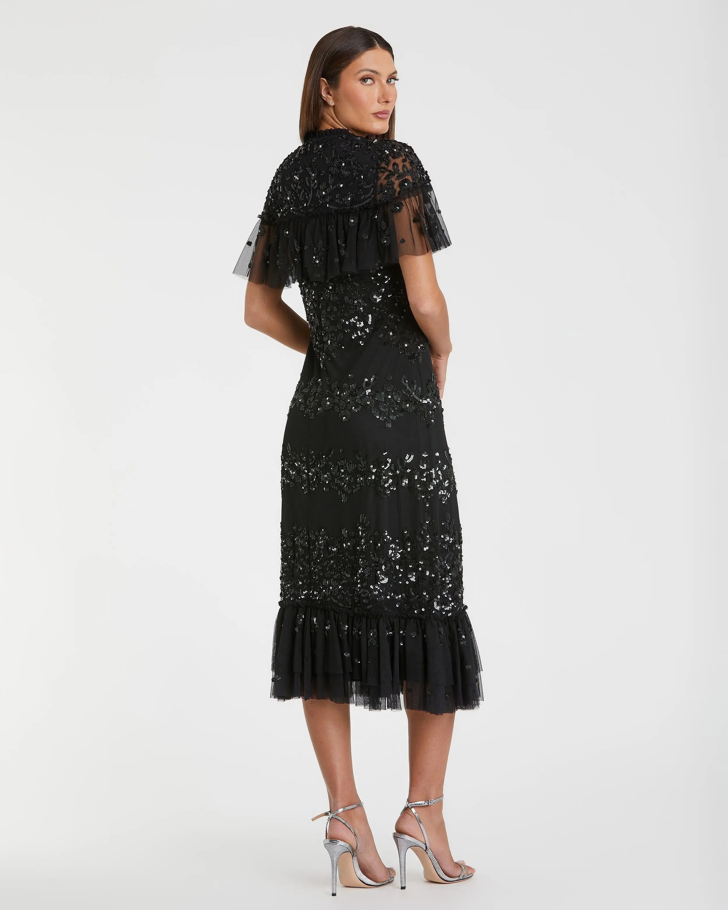 Black Sequined High Neck Ruffled Midi Dress - Image 3