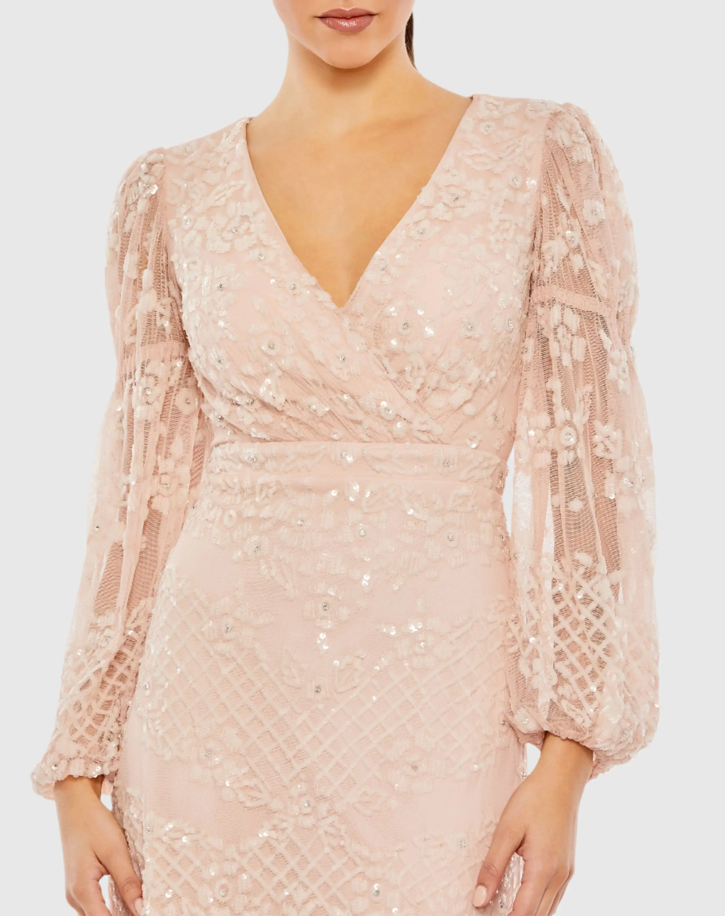 Pink Sequined Tiered Wrap Over Puff Sleeve Gown - Image 2
