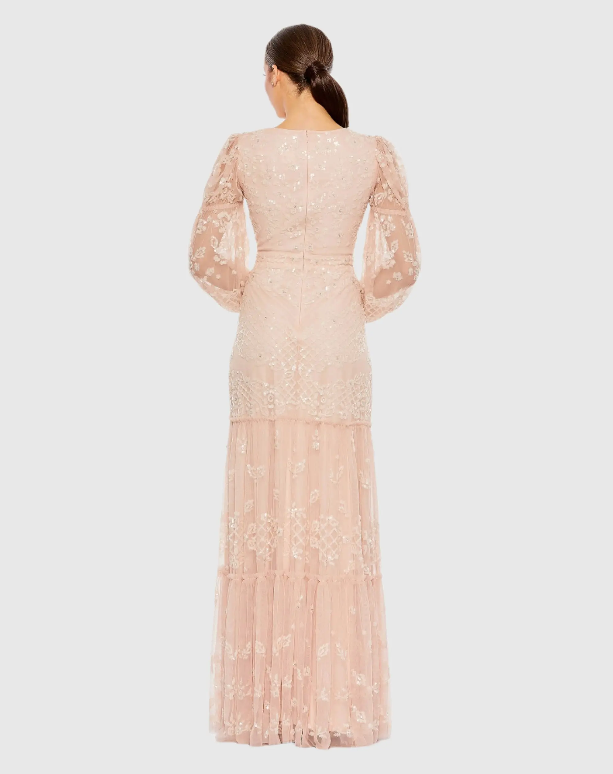 Pink Sequined Tiered Wrap Over Puff Sleeve Gown - Image 3