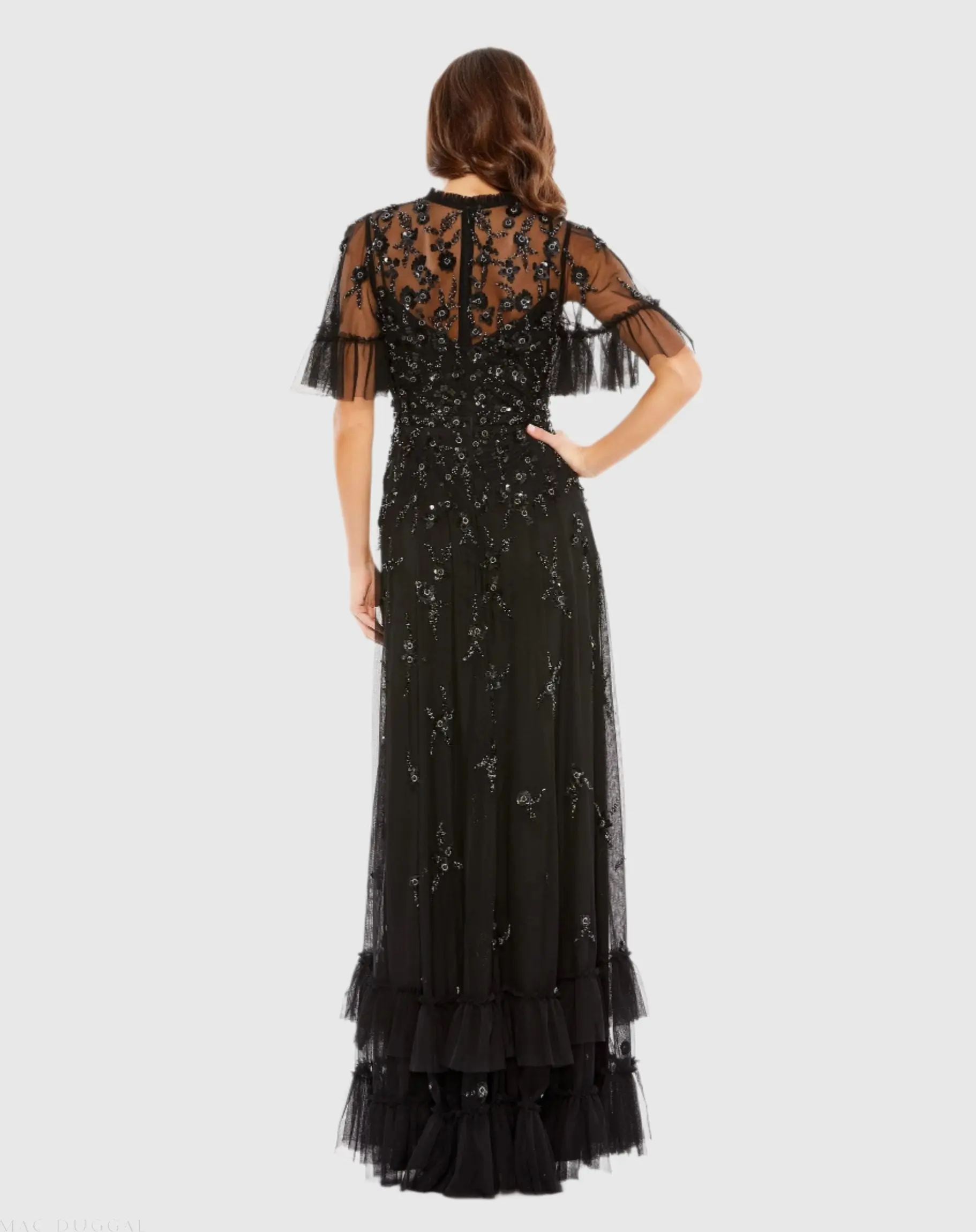Black Floral Embellished Flutter Sleeve A-Line Gown - Image 3