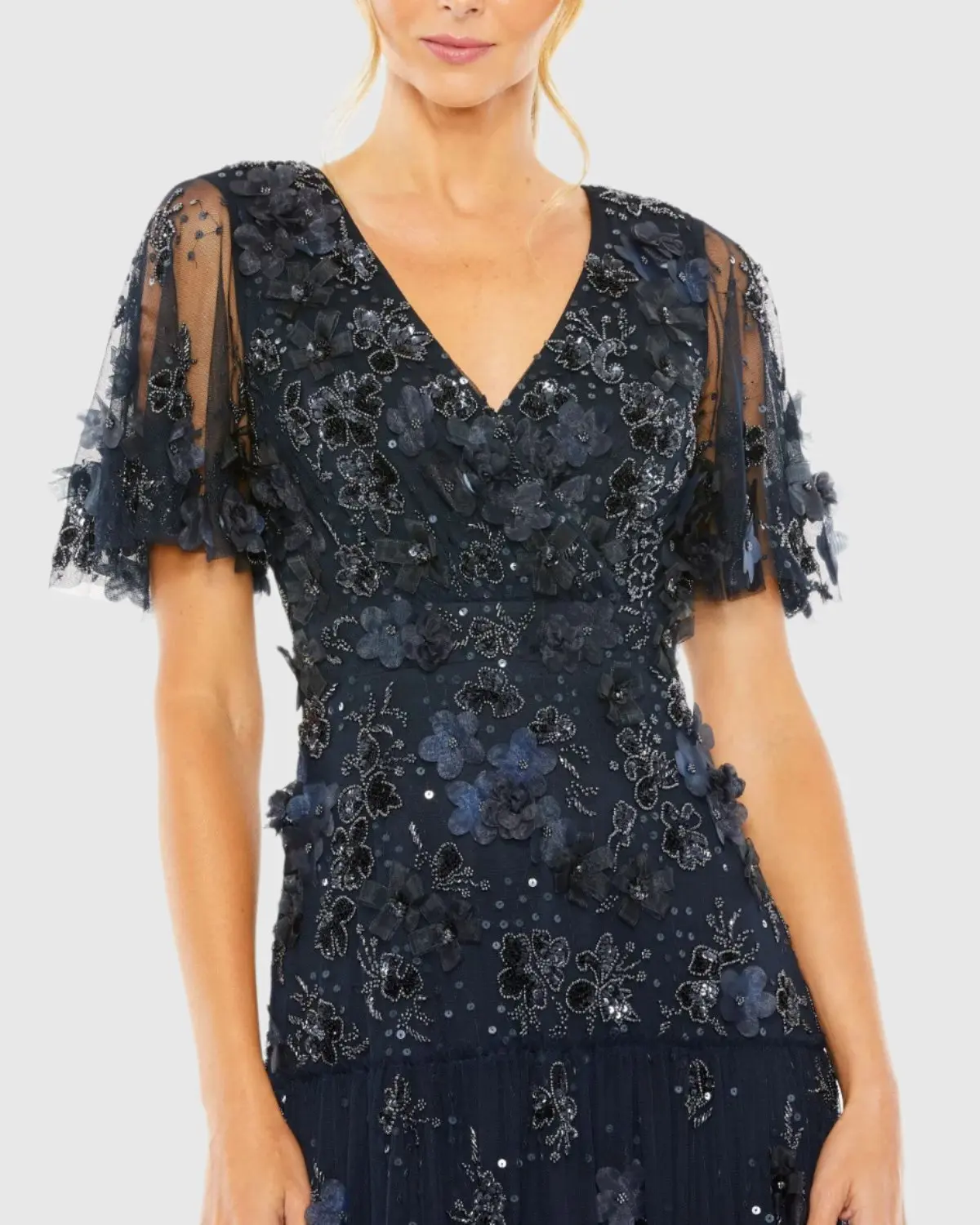 Navy Floral Embellished Flutter Sleeve Dress - Image 2