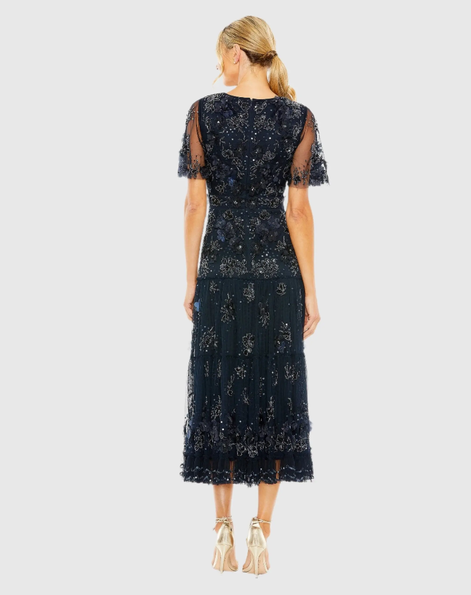 Navy Floral Embellished Flutter Sleeve Dress - Image 3