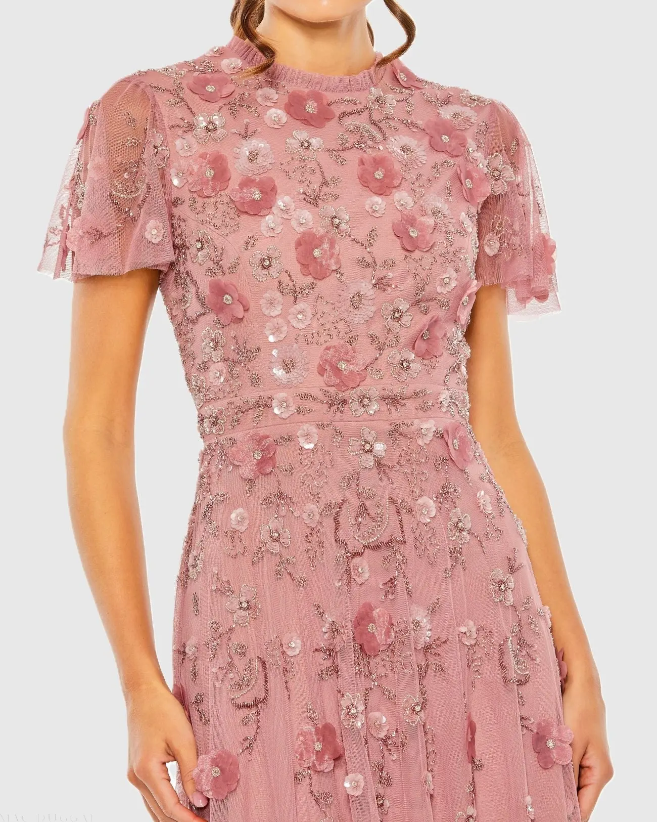 Pink Embellished High Neck Flutter Sleeve A Line Dress - Image 2