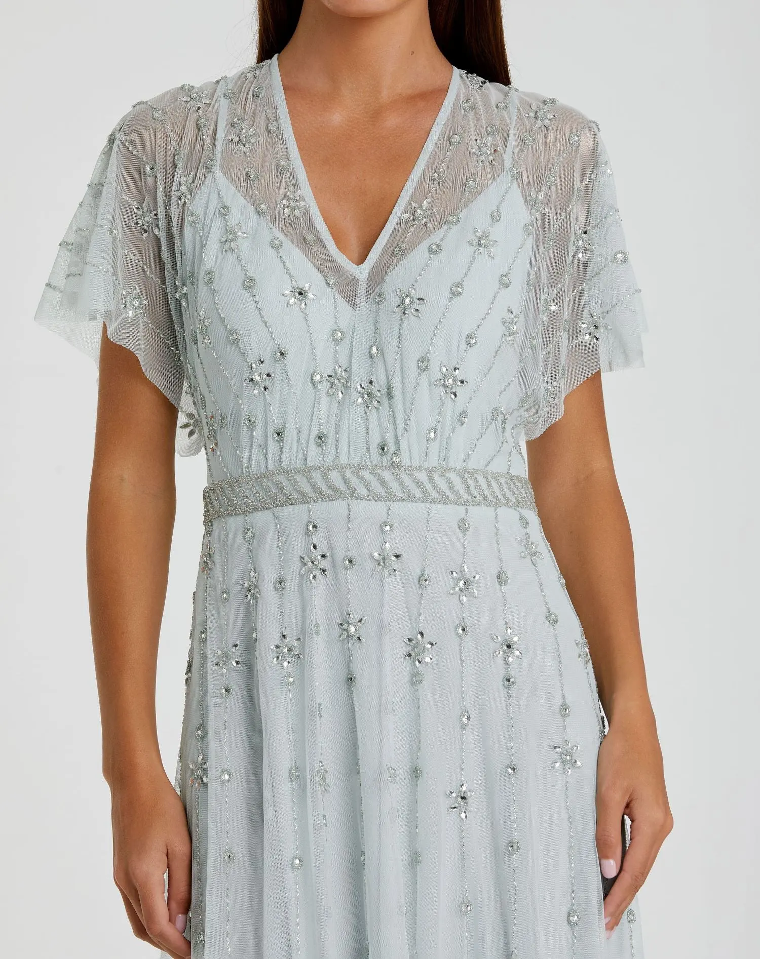 Blue V Neck Embellished Flutter Sleeve A Line Gown - FINAL SALE - Image 2