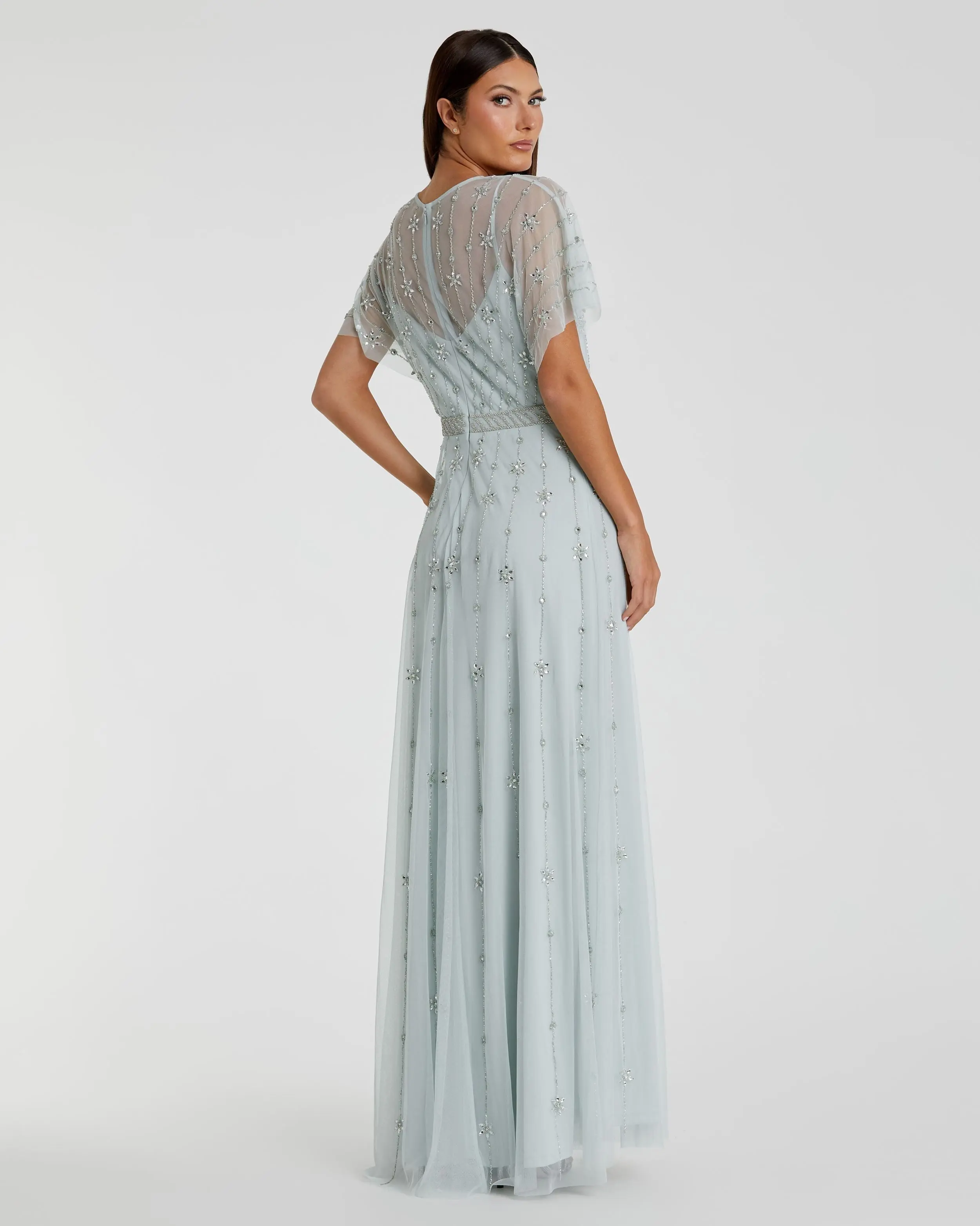 Blue V Neck Embellished Flutter Sleeve A Line Gown - FINAL SALE - Image 3