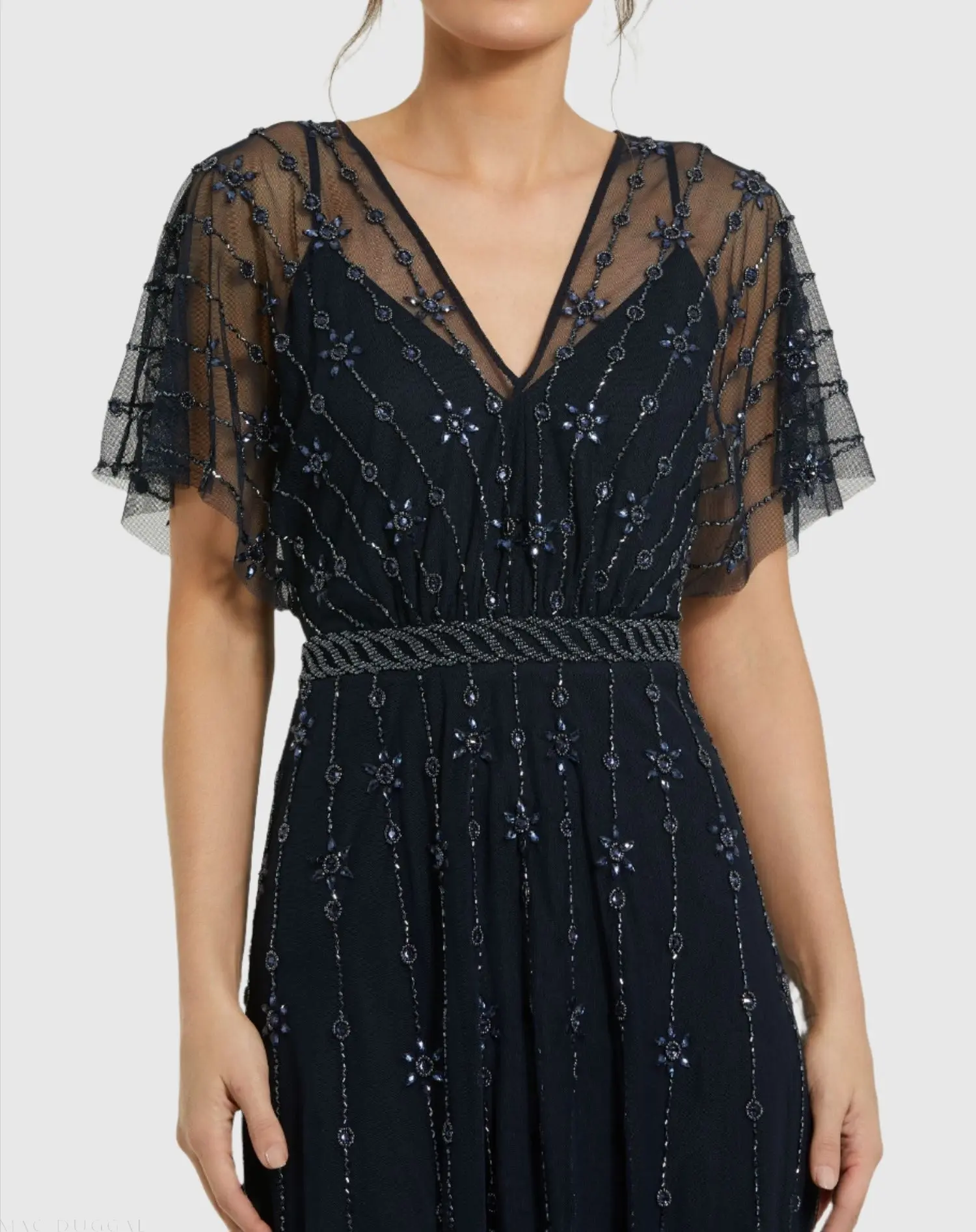 Navy V Neck Embellished Flutter Sleeve A Line Gown - Image 2