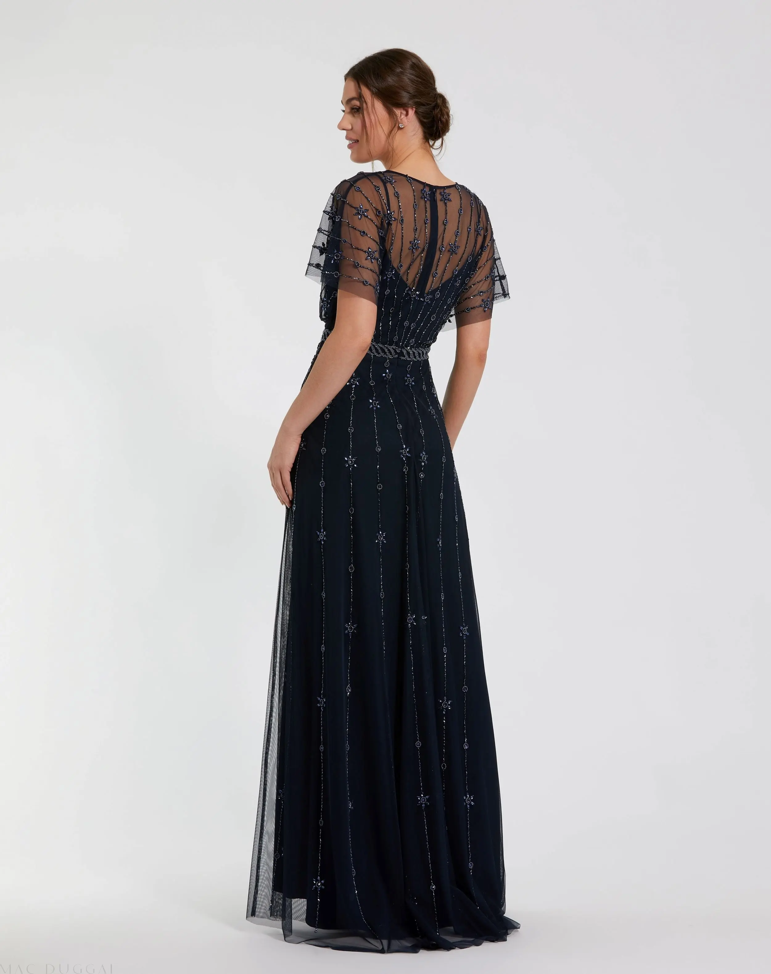 Navy V Neck Embellished Flutter Sleeve A Line Gown - Image 3
