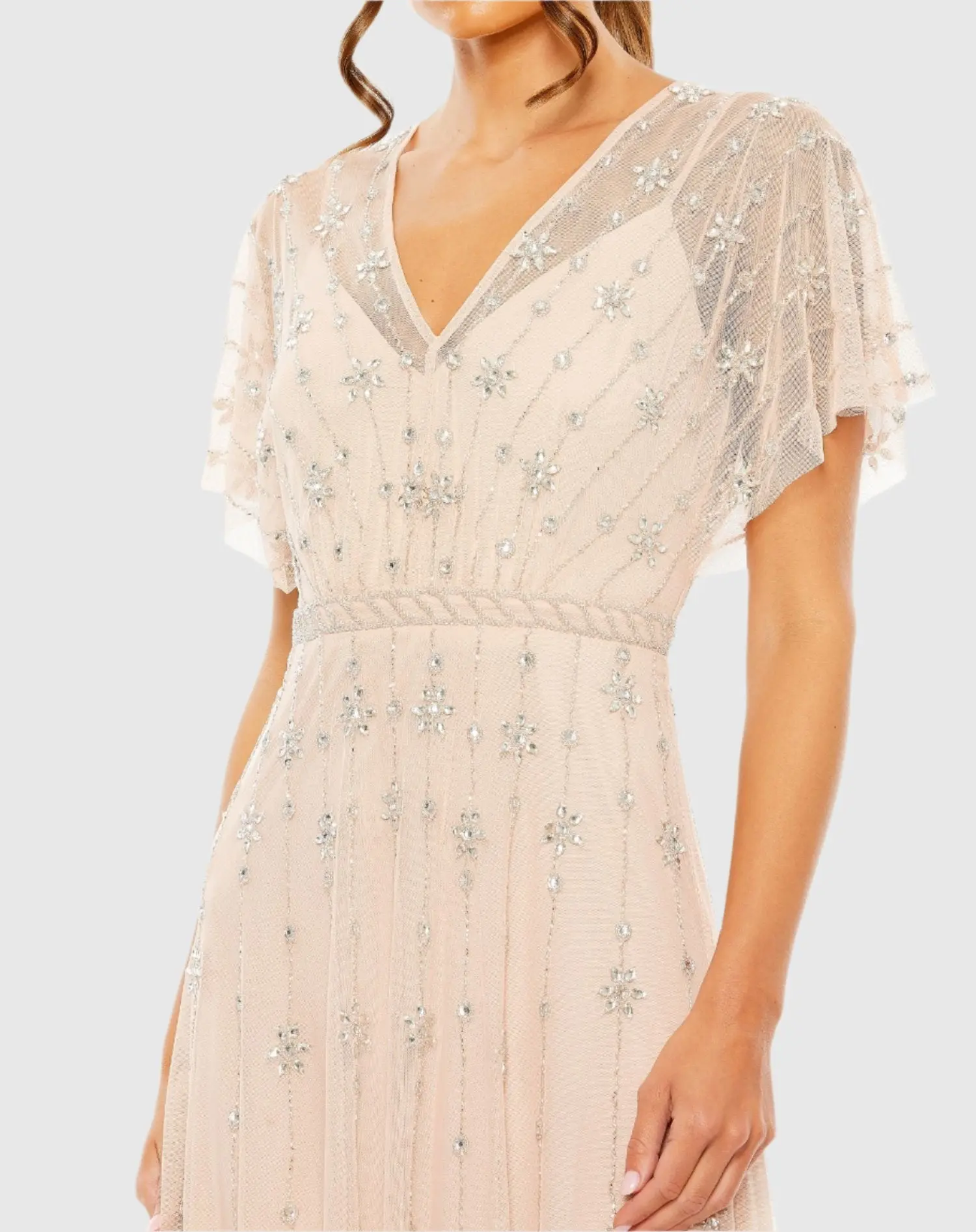 Pink V Neck Embellished Flutter Sleeve A Line Gown - Image 2