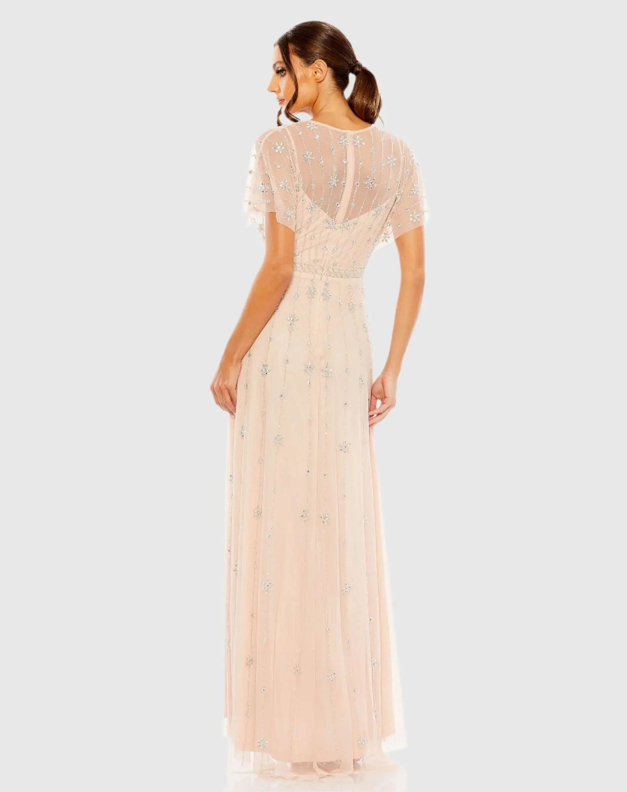 Pink V Neck Embellished Flutter Sleeve A Line Gown - Image 3