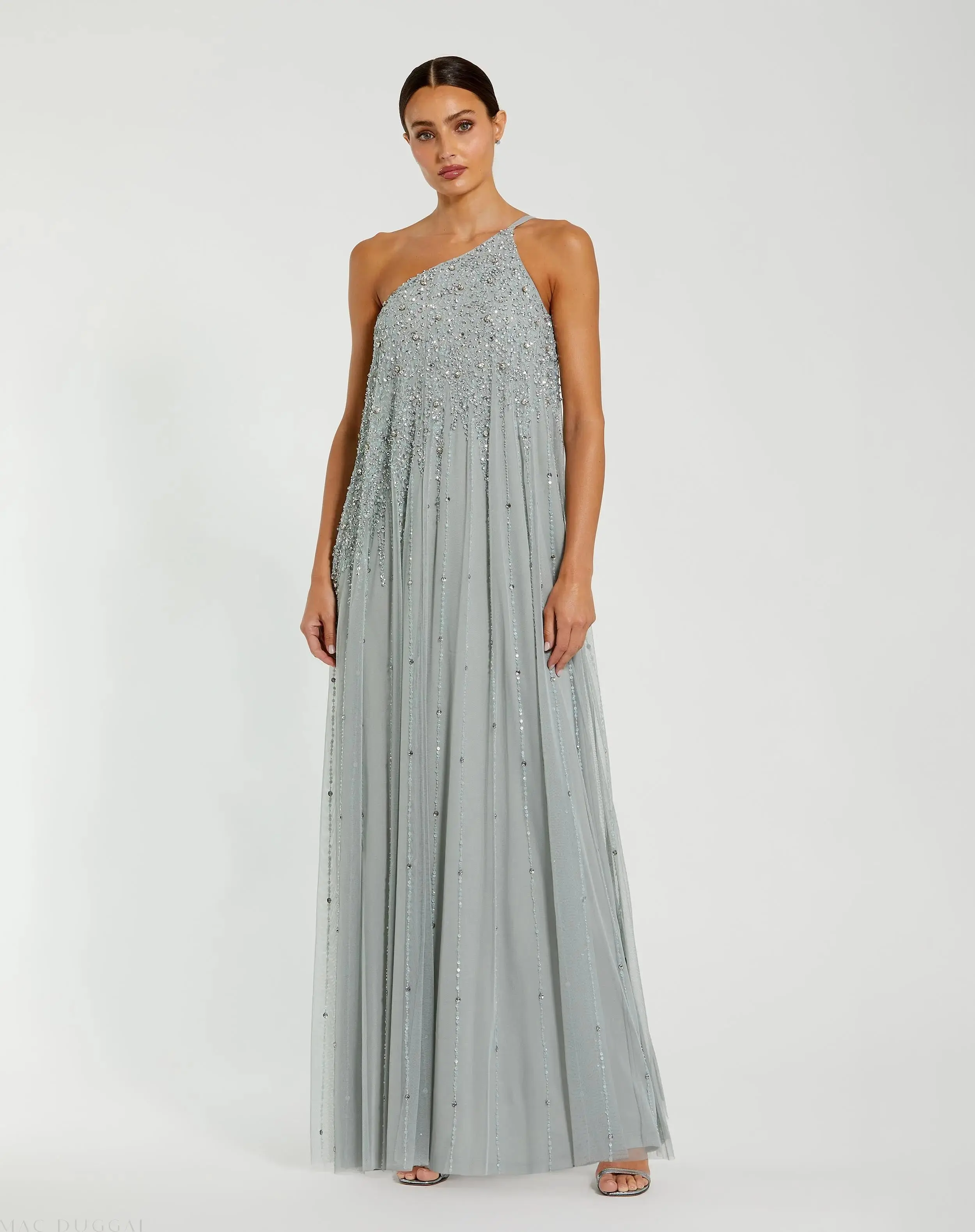 Green One Shoulder Embellished Trapeze A Line Gown