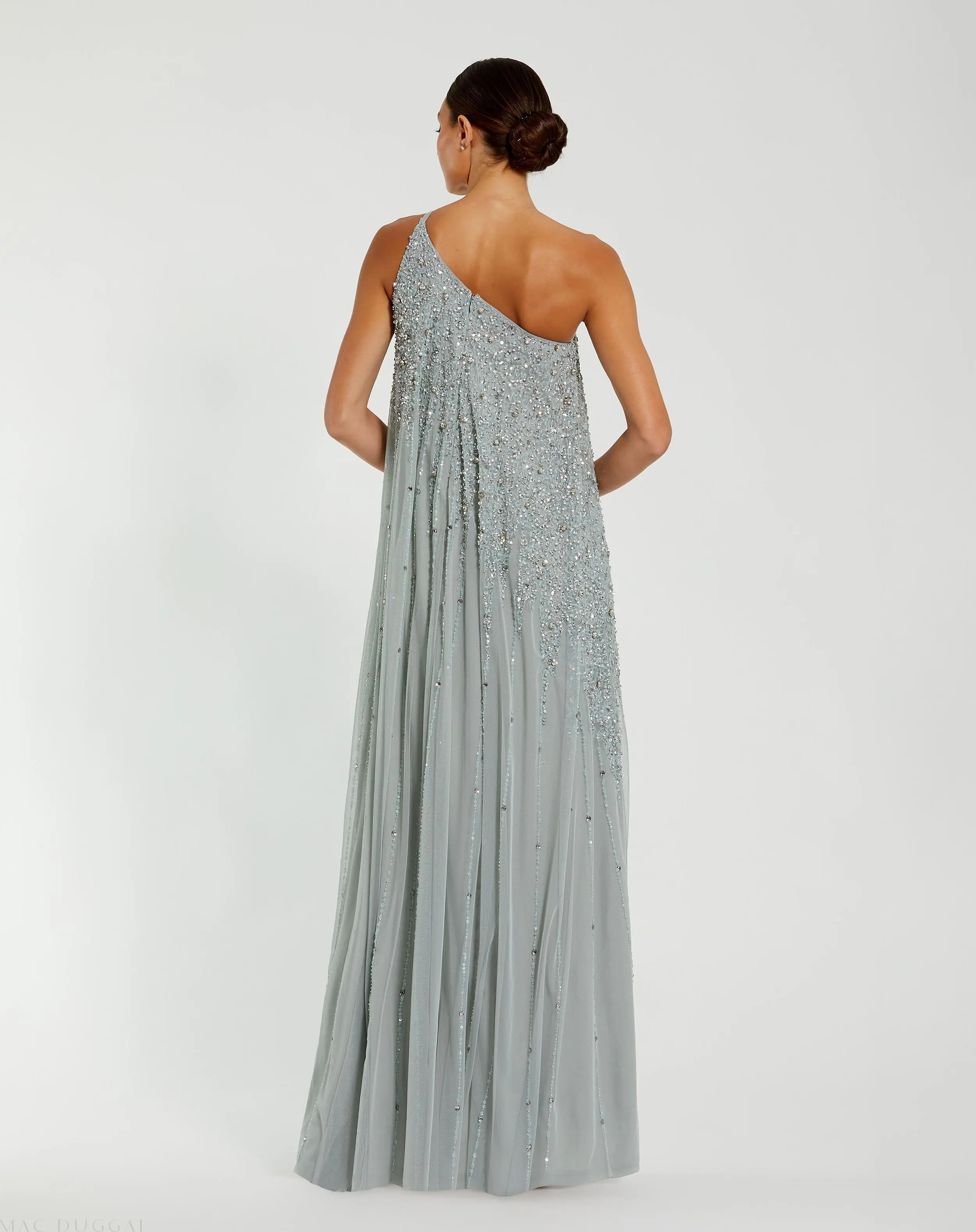 Green One Shoulder Embellished Trapeze A Line Gown - Image 3