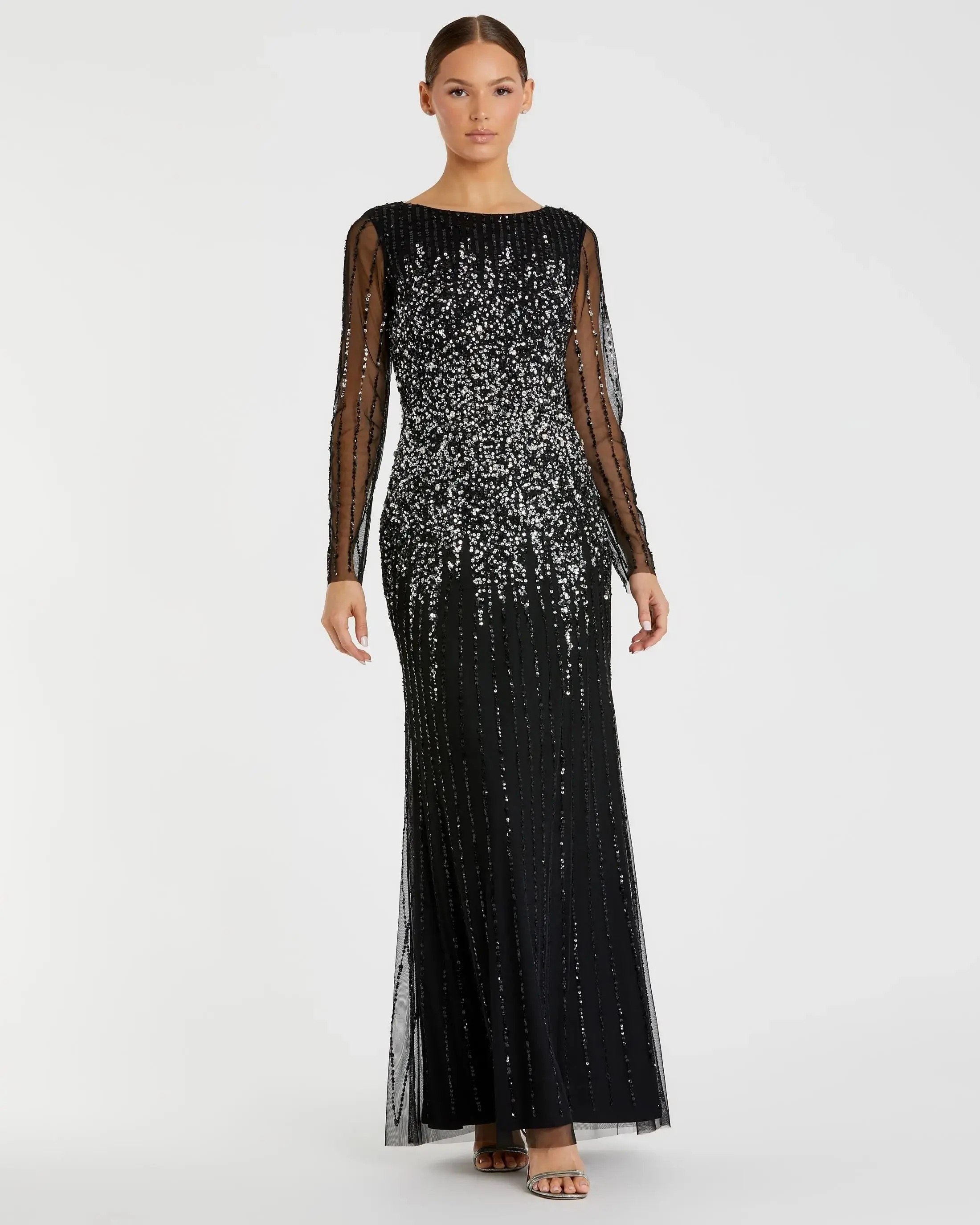 Black Boat Neck Sequin Embellished Long Sleeve A Line Gown