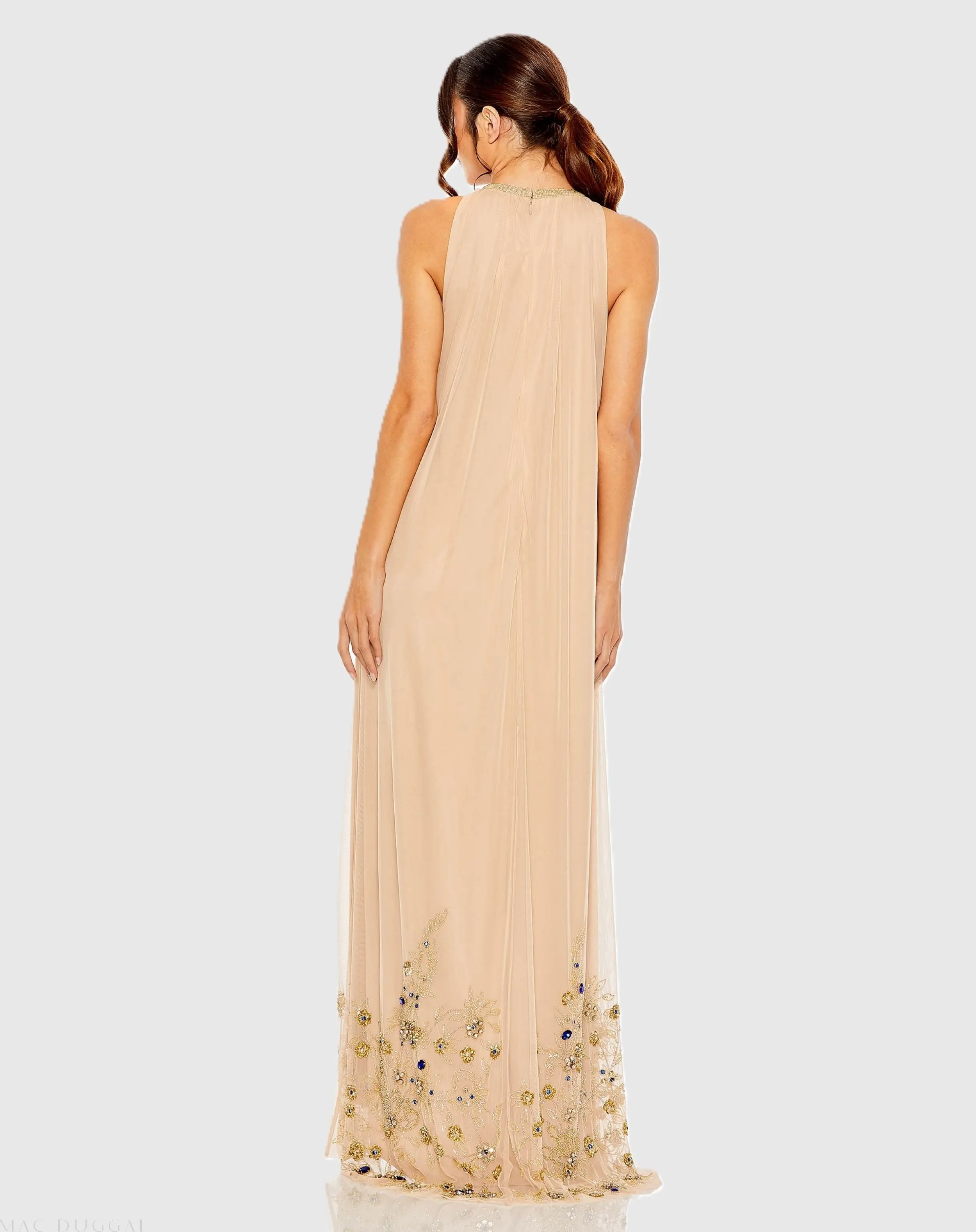 Beige High Neck Floral Embellished Trapeze Gown - Image 3