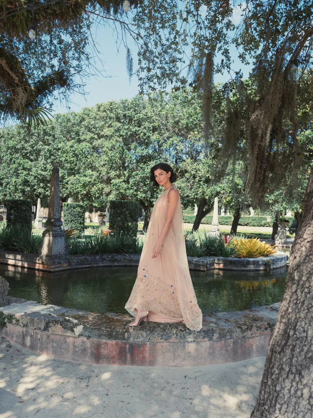 Beige High Neck Floral Embellished Trapeze Gown - Image 4