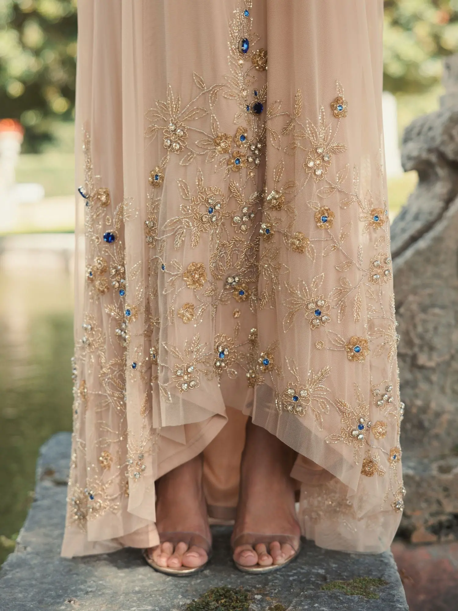 Beige High Neck Floral Embellished Trapeze Gown - Image 5