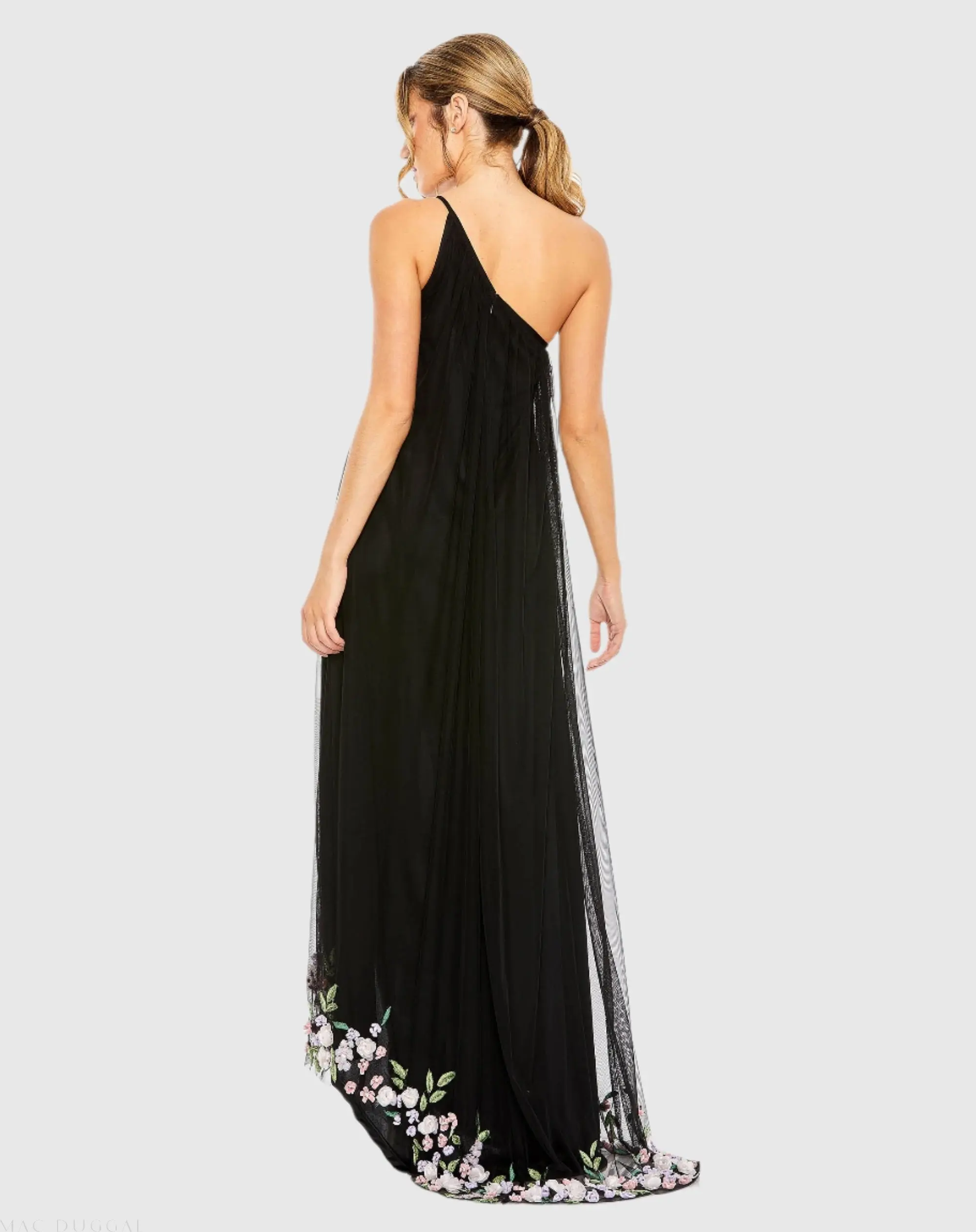 Black One Shoulder Embellished Trapeze Gown - Image 3