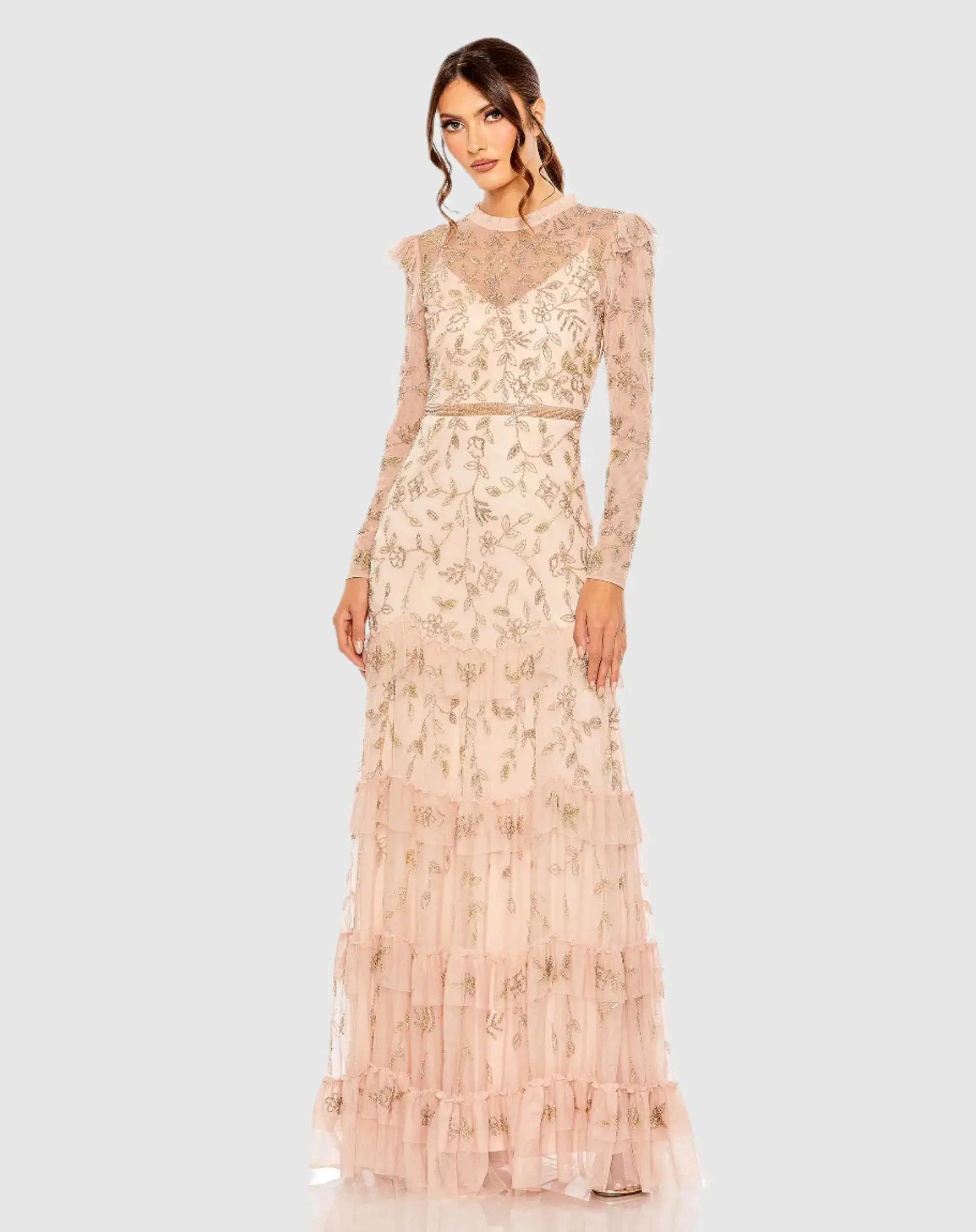 Pink High Neck Flutter Cap Long Sleeve Tiered Embellished Gown - FINAL SALE