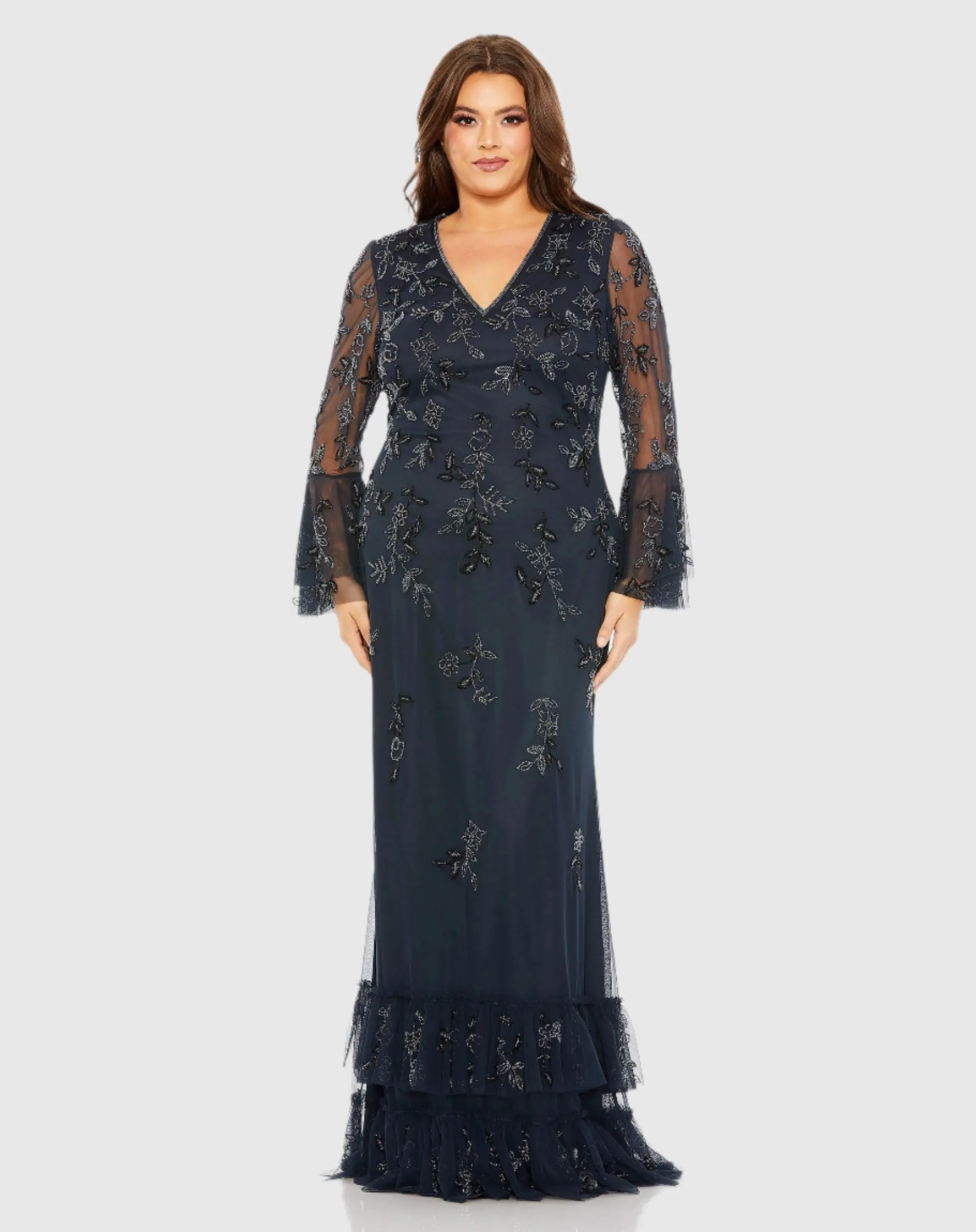 Navy V-neck Embellished Long Sleeve Gown - FINAL SALE