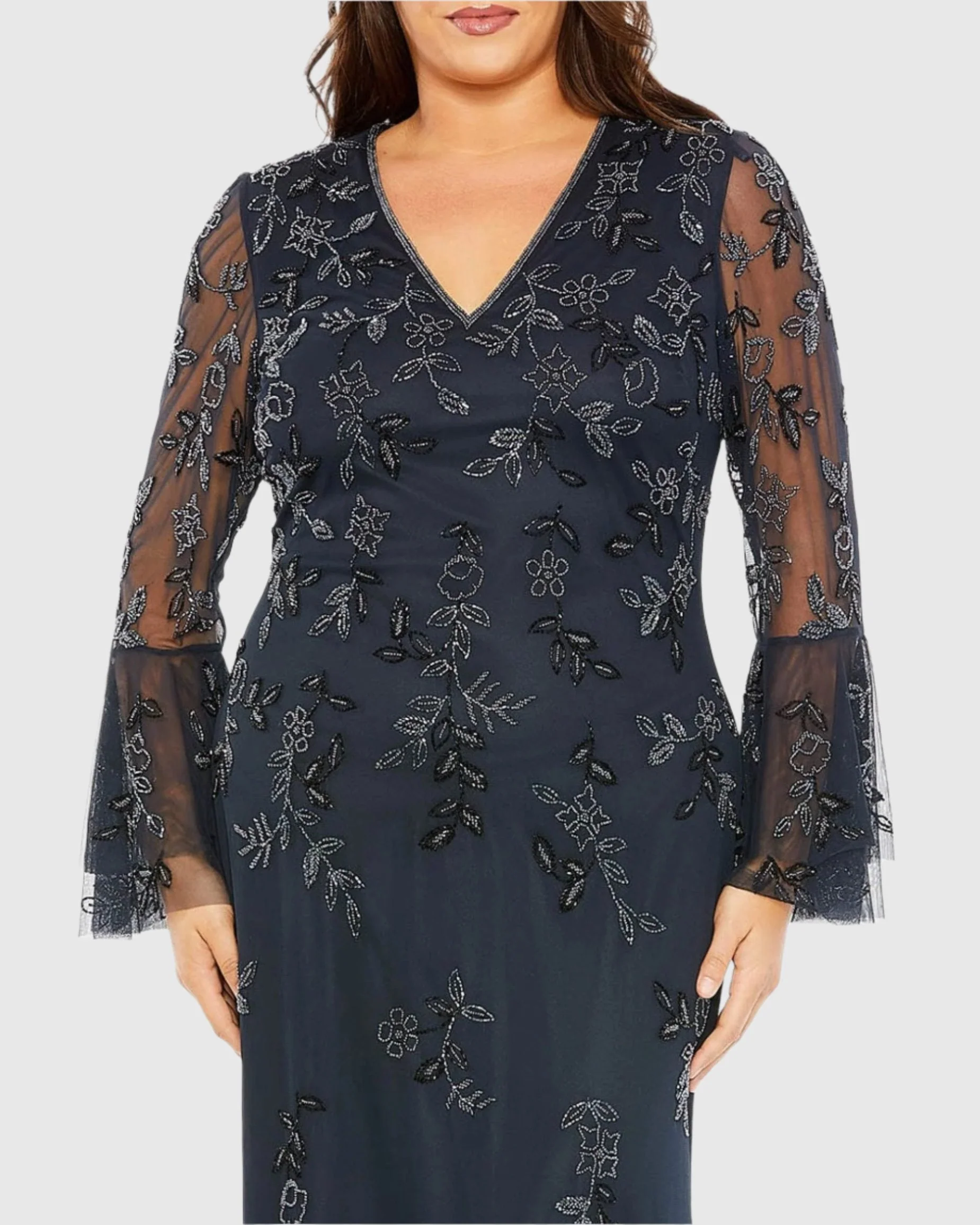 Navy V-neck Embellished Long Sleeve Gown - FINAL SALE - Image 2