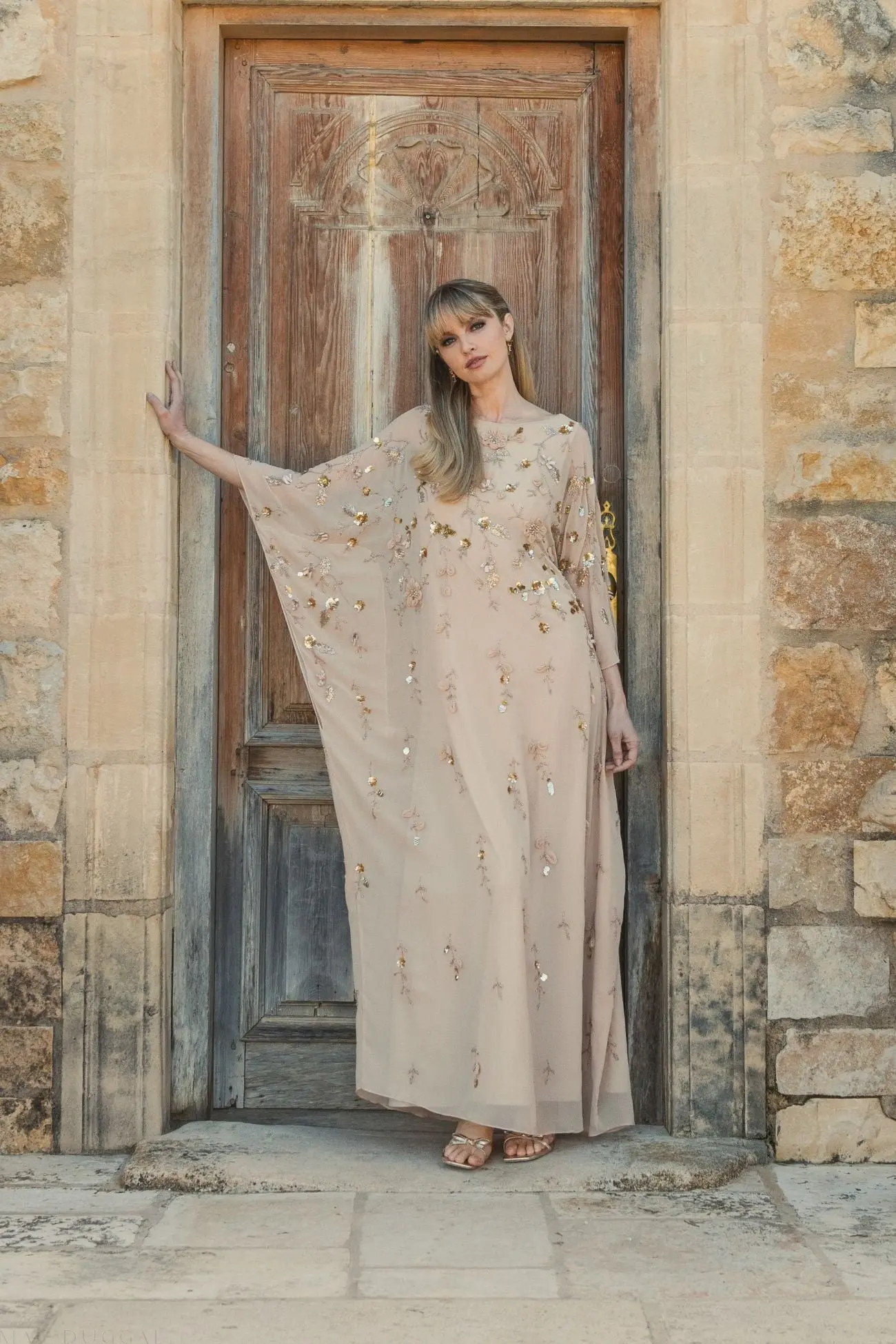 Beige Floral Embellished Kaftan Gown - Image 4