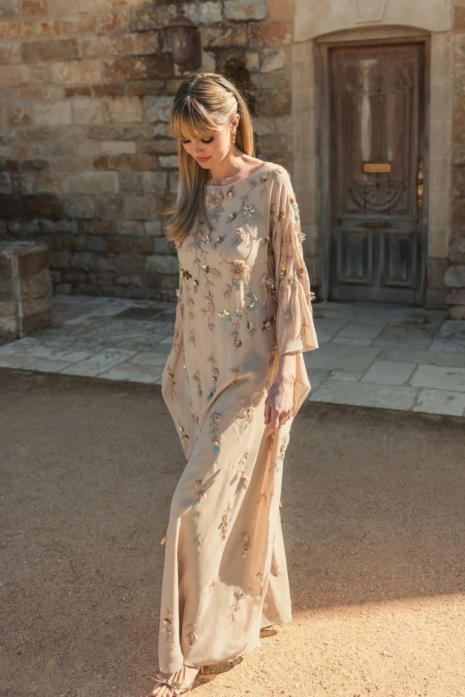Beige Floral Embellished Kaftan Gown - Image 6