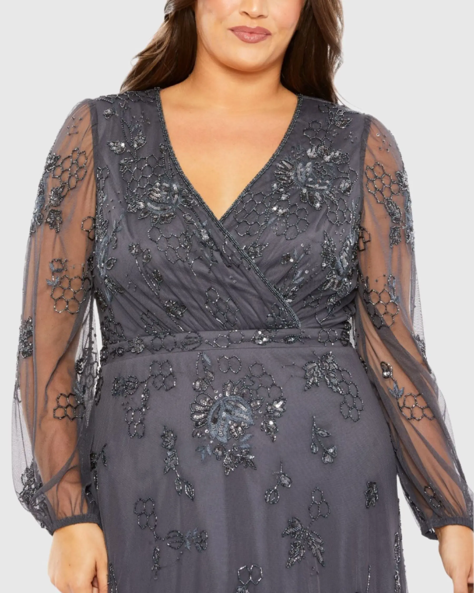 Gray Long Sleeve Embellished V-Neck Gown (Plus) - Image 2