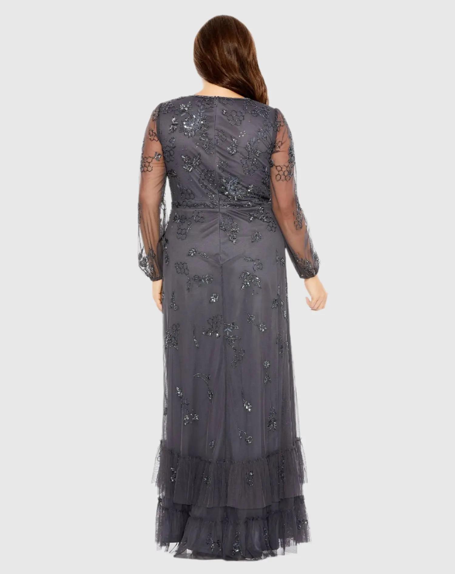 Gray Long Sleeve Embellished V-Neck Gown (Plus) - Image 3