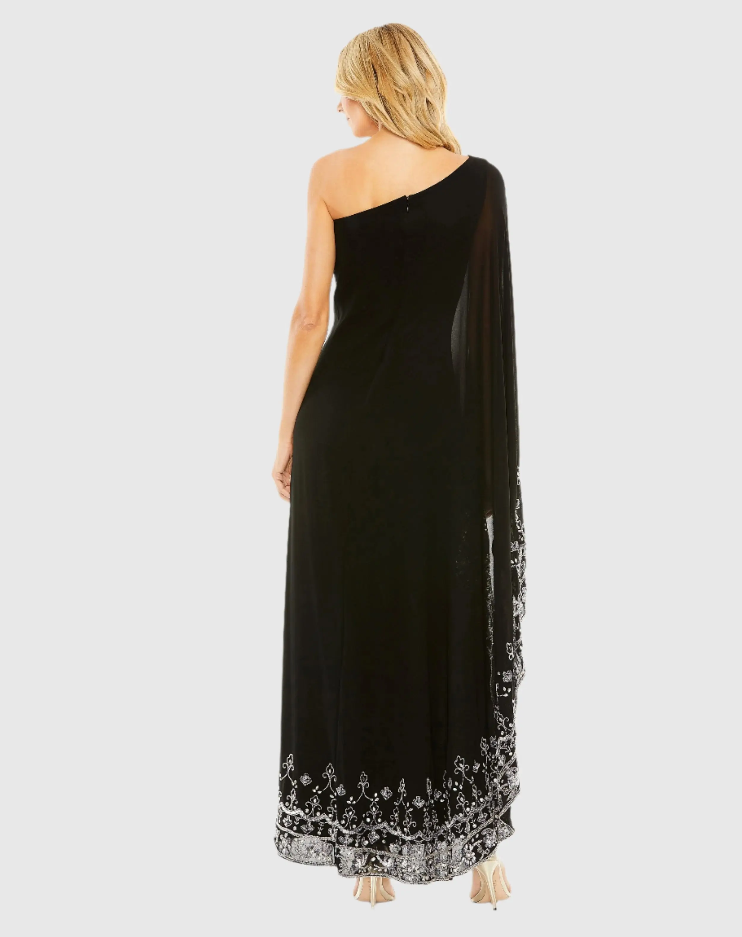 Black One Shoulder Embellished Trapeze Gown - FINAL SALE - Image 3
