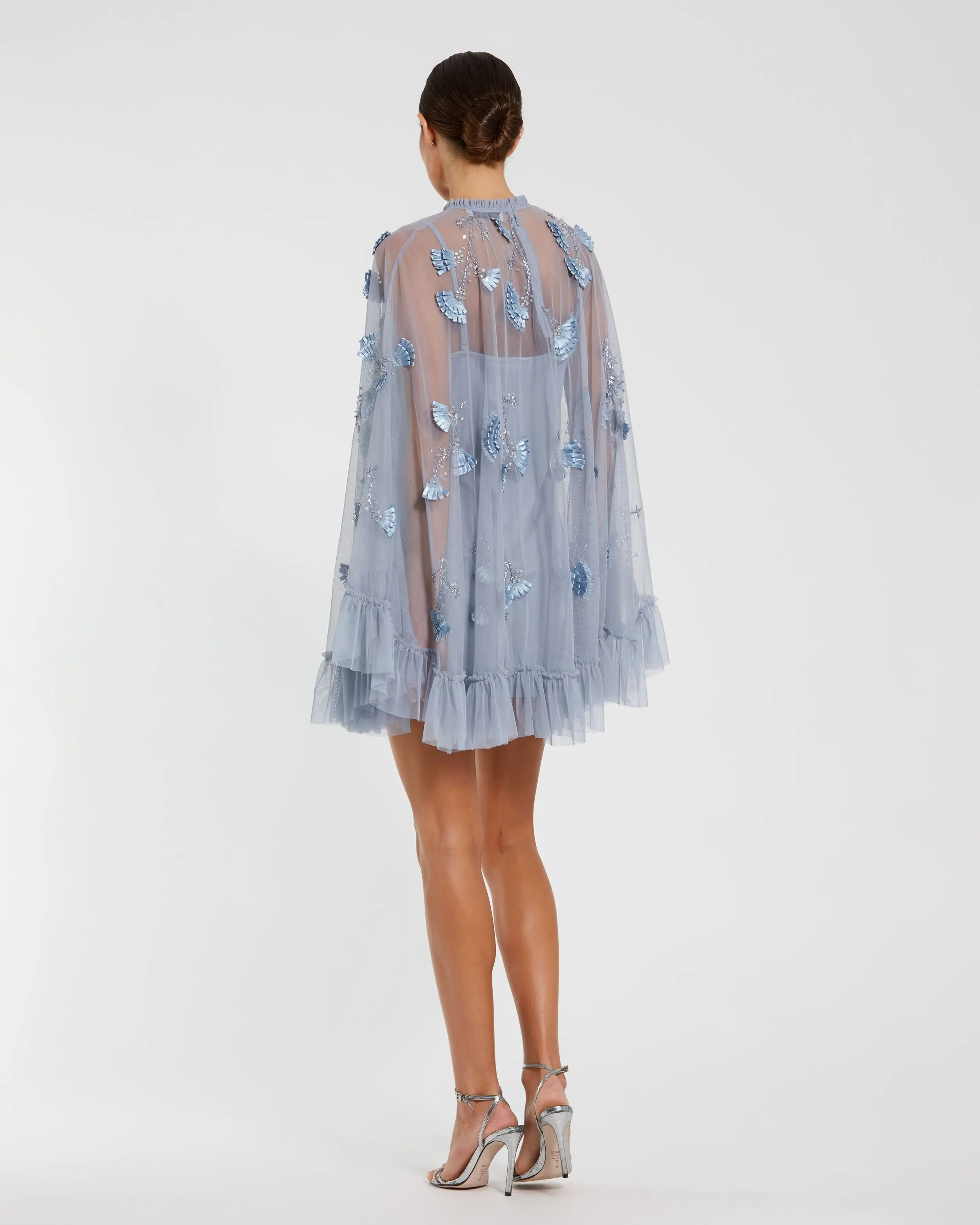 Blue Embellished Long Sleeve Trapeze Dress with Ruffle Hem - Image 3