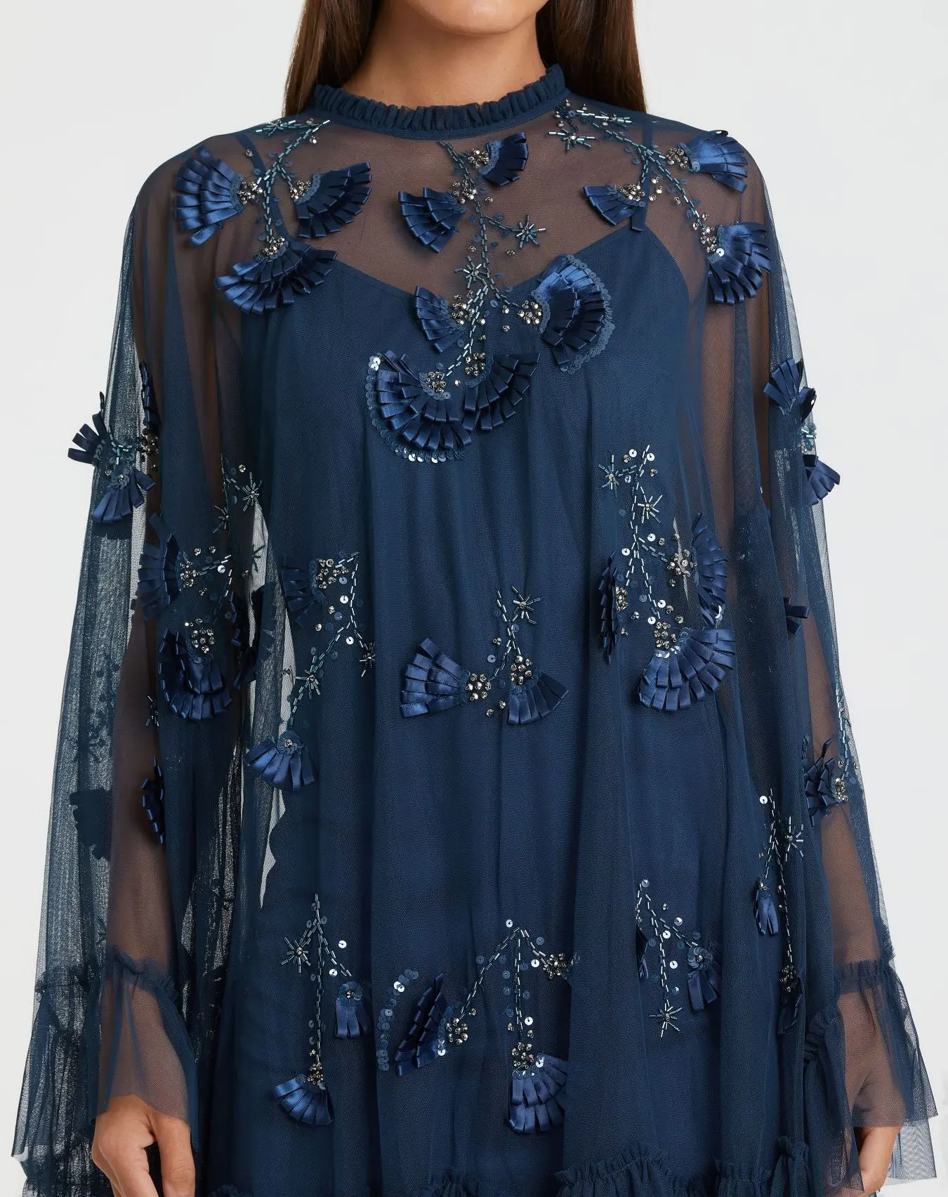 Navy Embellished Long Sleeve Trapeze Dress with Ruffle Hem - Image 2