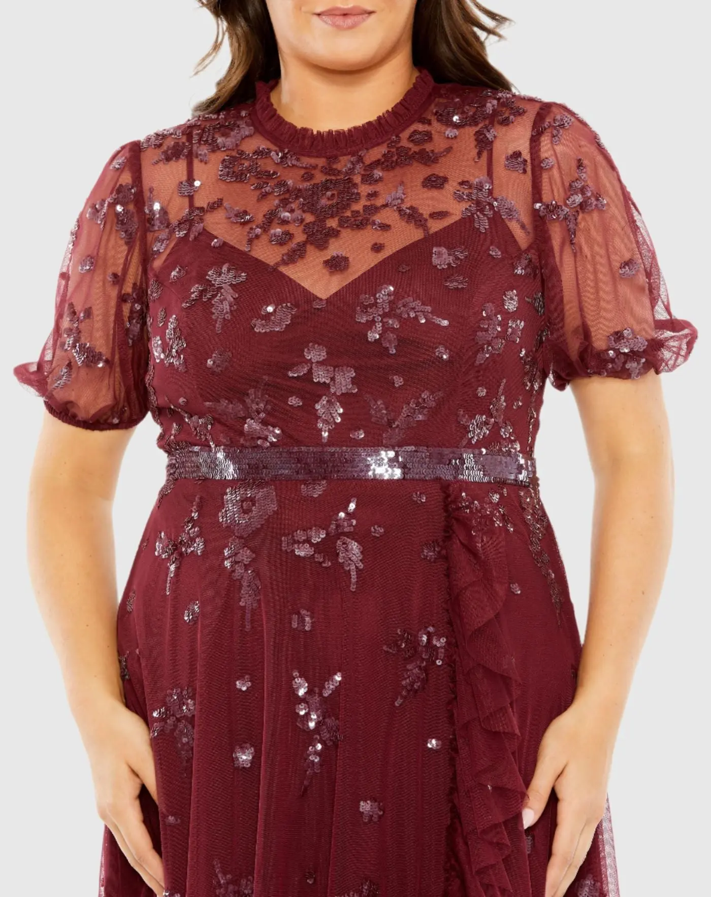 Red Short Sleeve Embellished Faux Wrap Gown (Plus) - Image 2