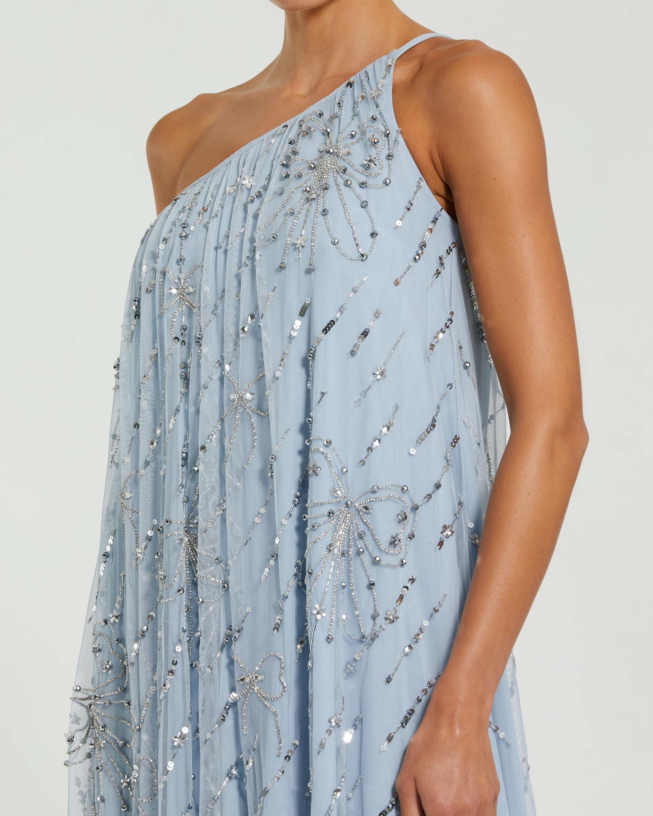 Blue One Shoulder Bow Embellished High Low Gown - Image 2