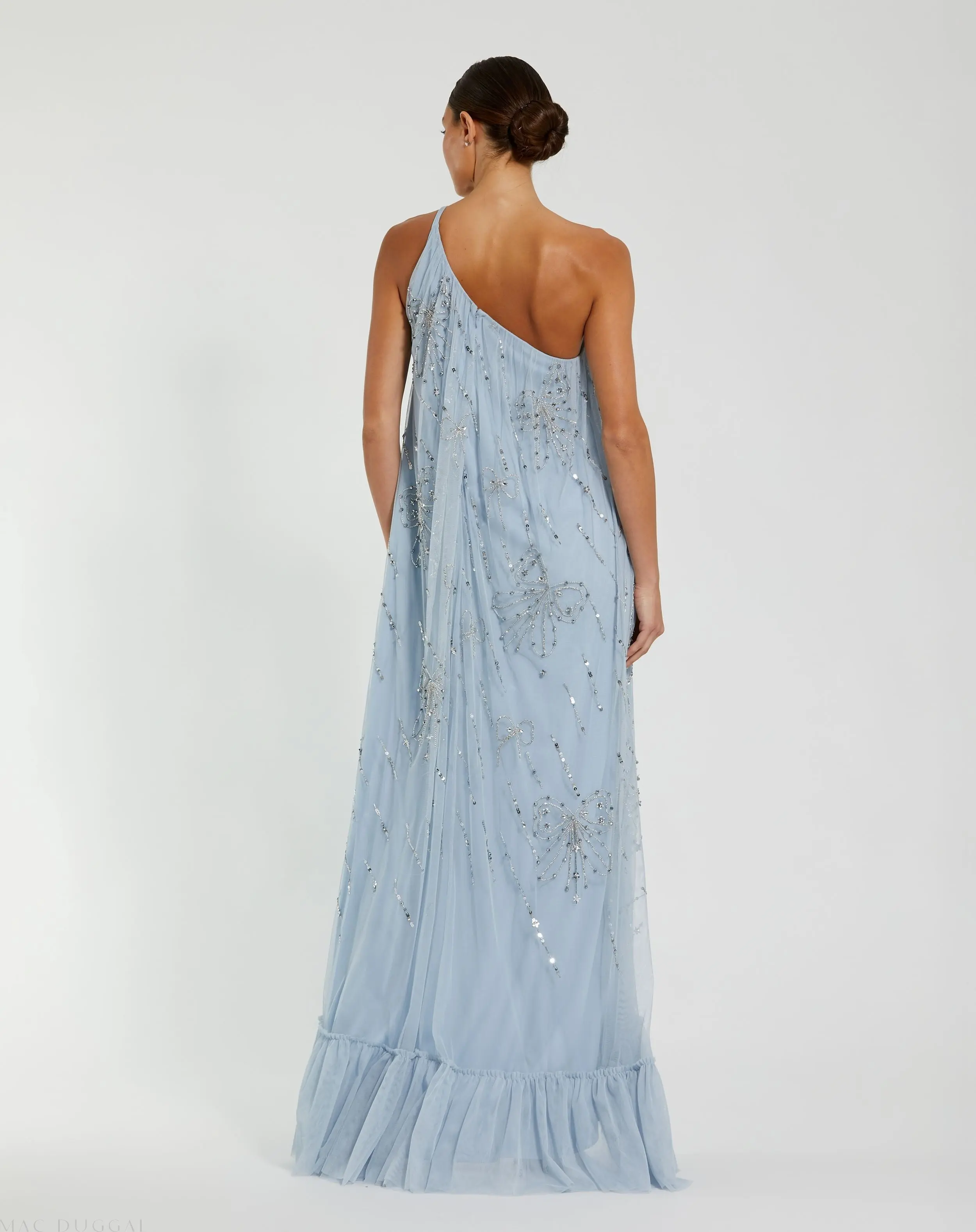 Blue One Shoulder Bow Embellished High Low Gown - Image 3