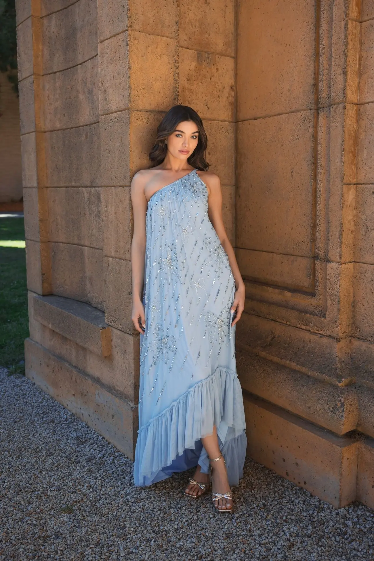 Blue One Shoulder Bow Embellished High Low Gown - Image 4