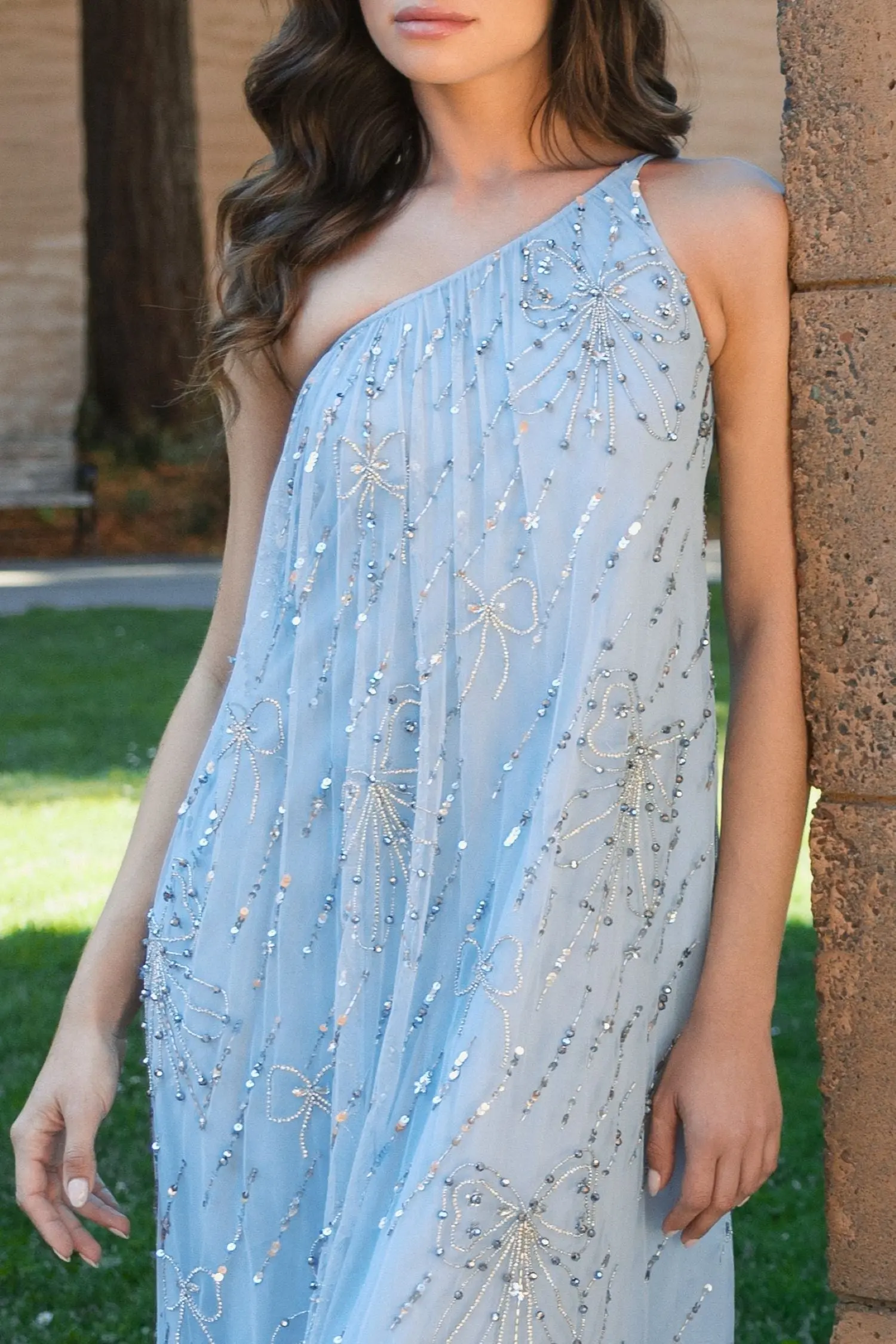 Blue One Shoulder Bow Embellished High Low Gown - Image 5