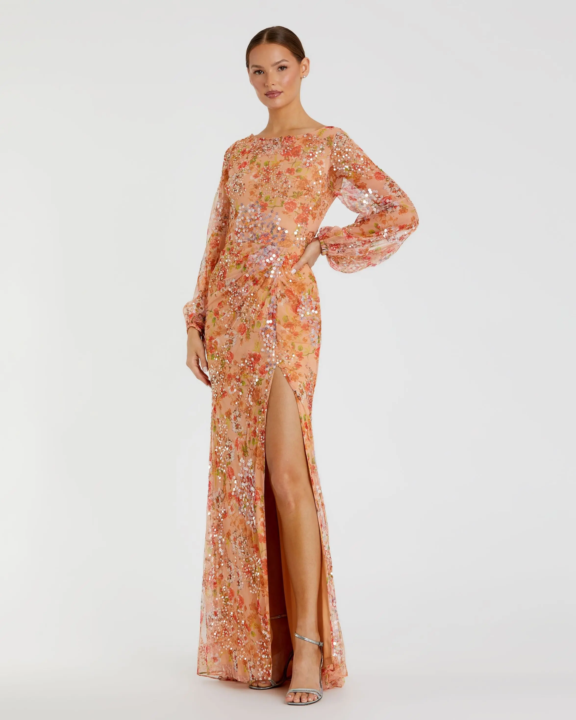 Orange Floral Print Sequined Puff Sleeve Gown - FINAL SALE