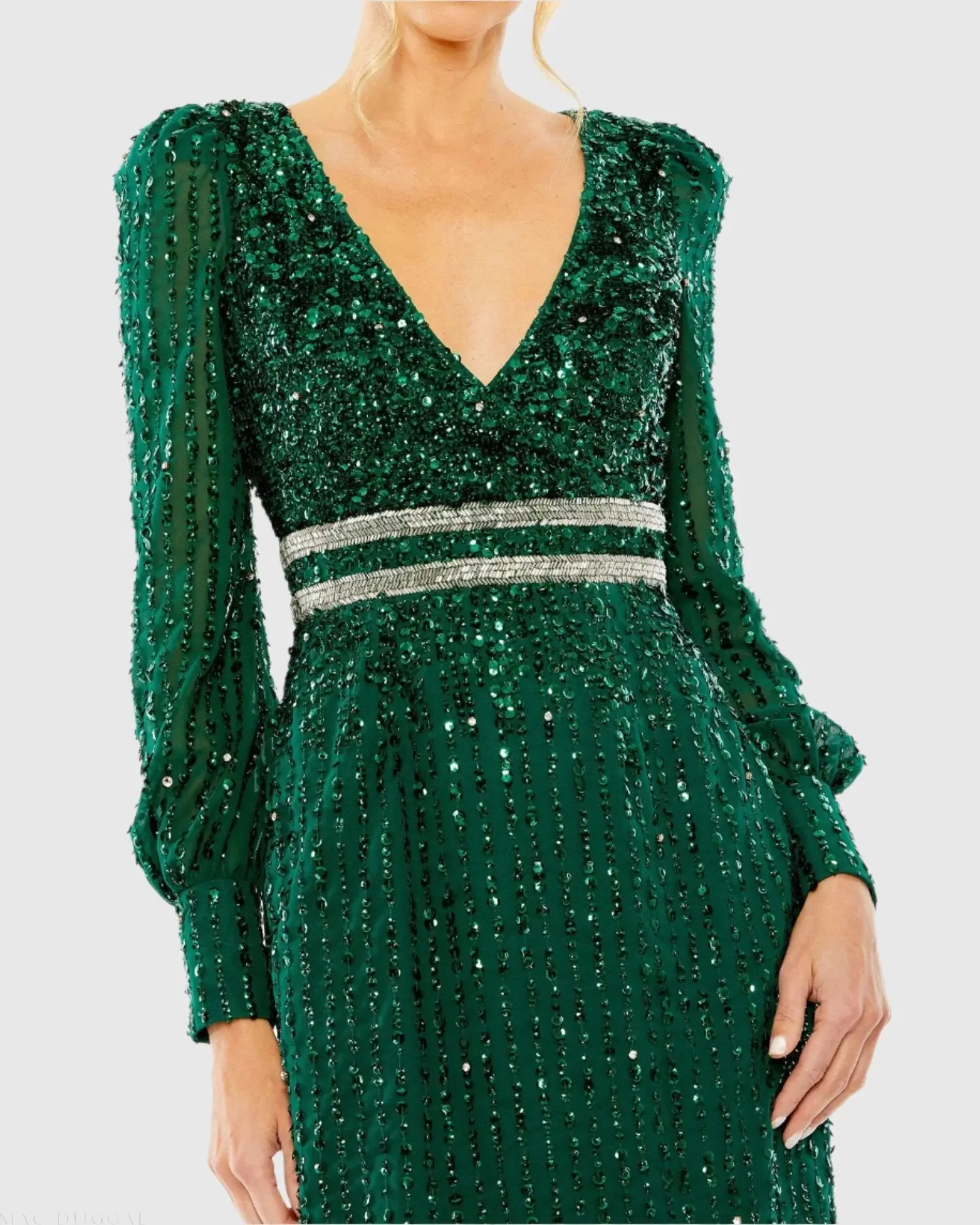 Green Sequined V Neck Bishop Sleeve Dress - Image 2