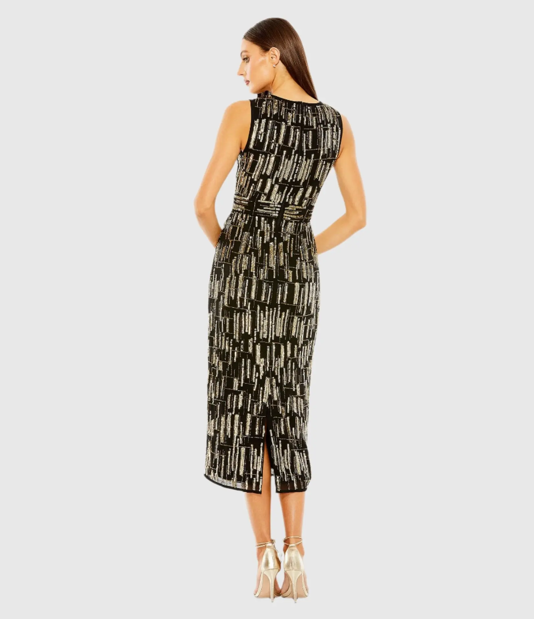 Black and Gold Abstract Beaded Sleeveless Midi Dress - Image 3