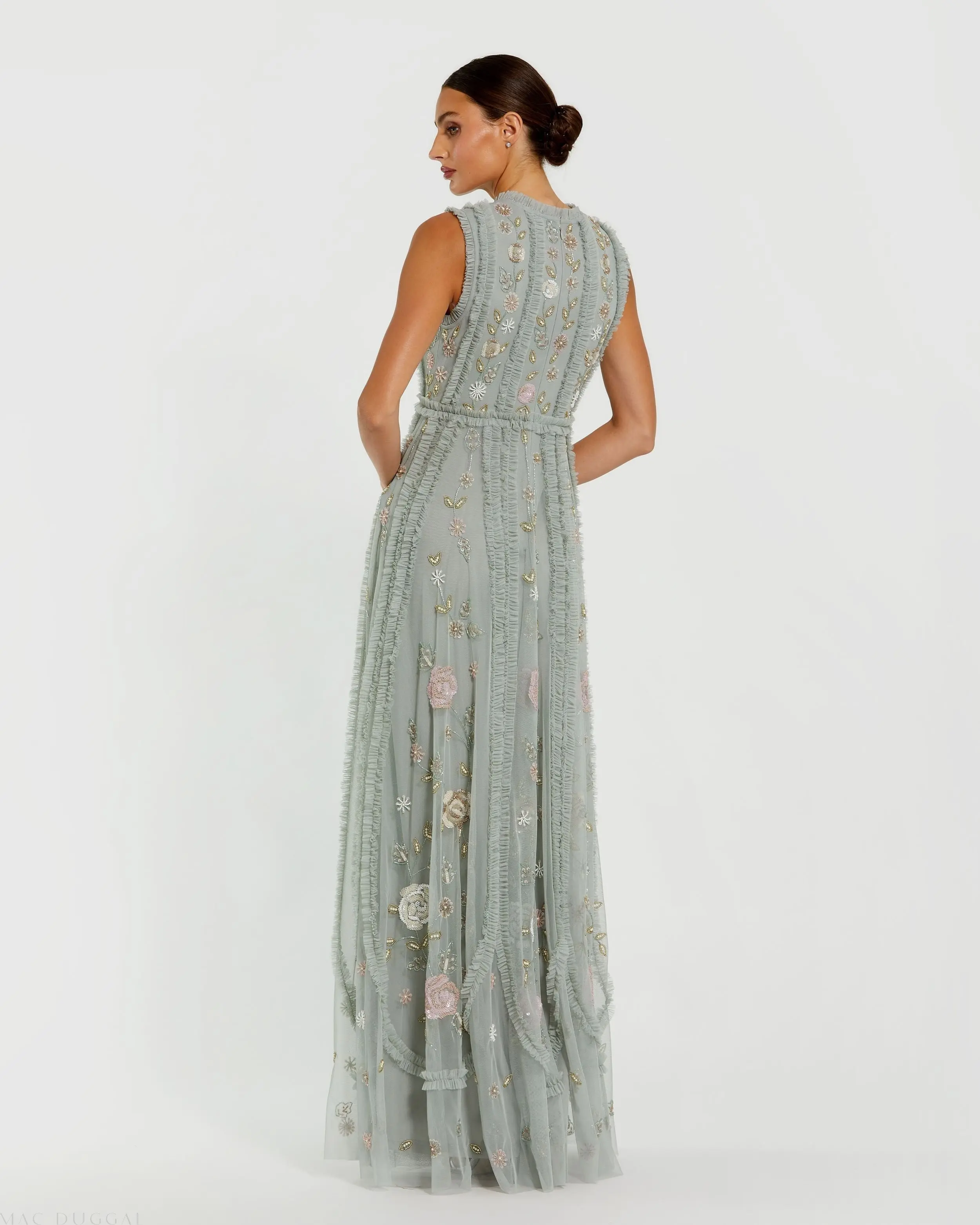 Green Floral Mesh Sleeveless A Line Micro Ruffle Gown - Image 3