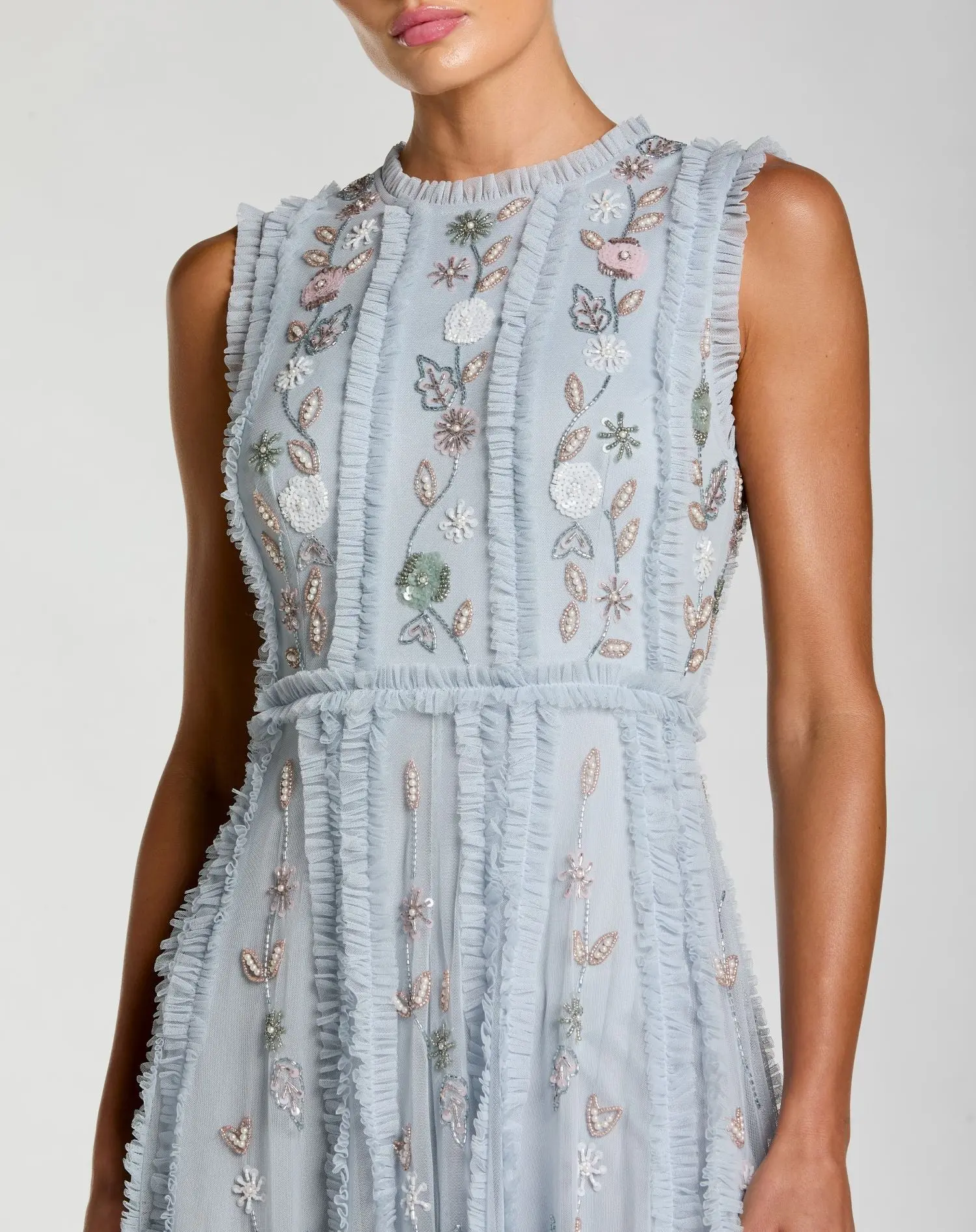 Blue Floral Mesh Sleeveless A Line Micro Ruffle Gown - Image 2