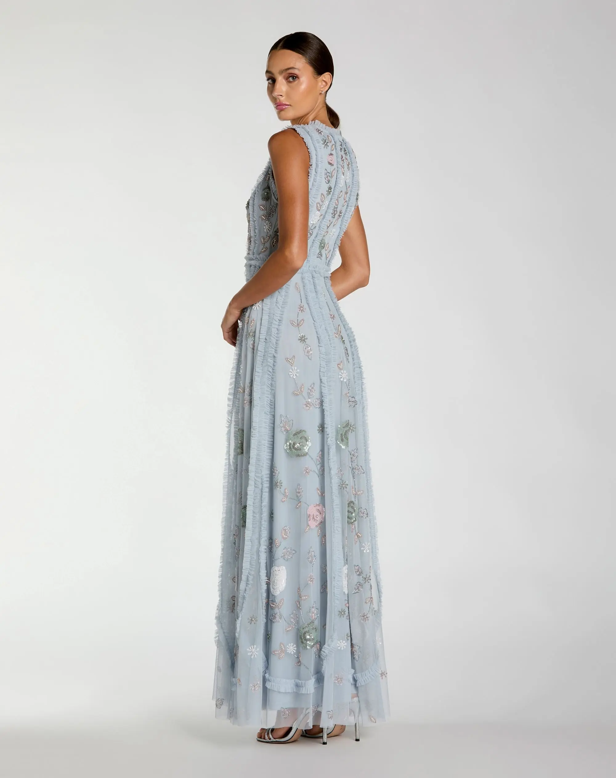 Blue Floral Mesh Sleeveless A Line Micro Ruffle Gown - Image 3